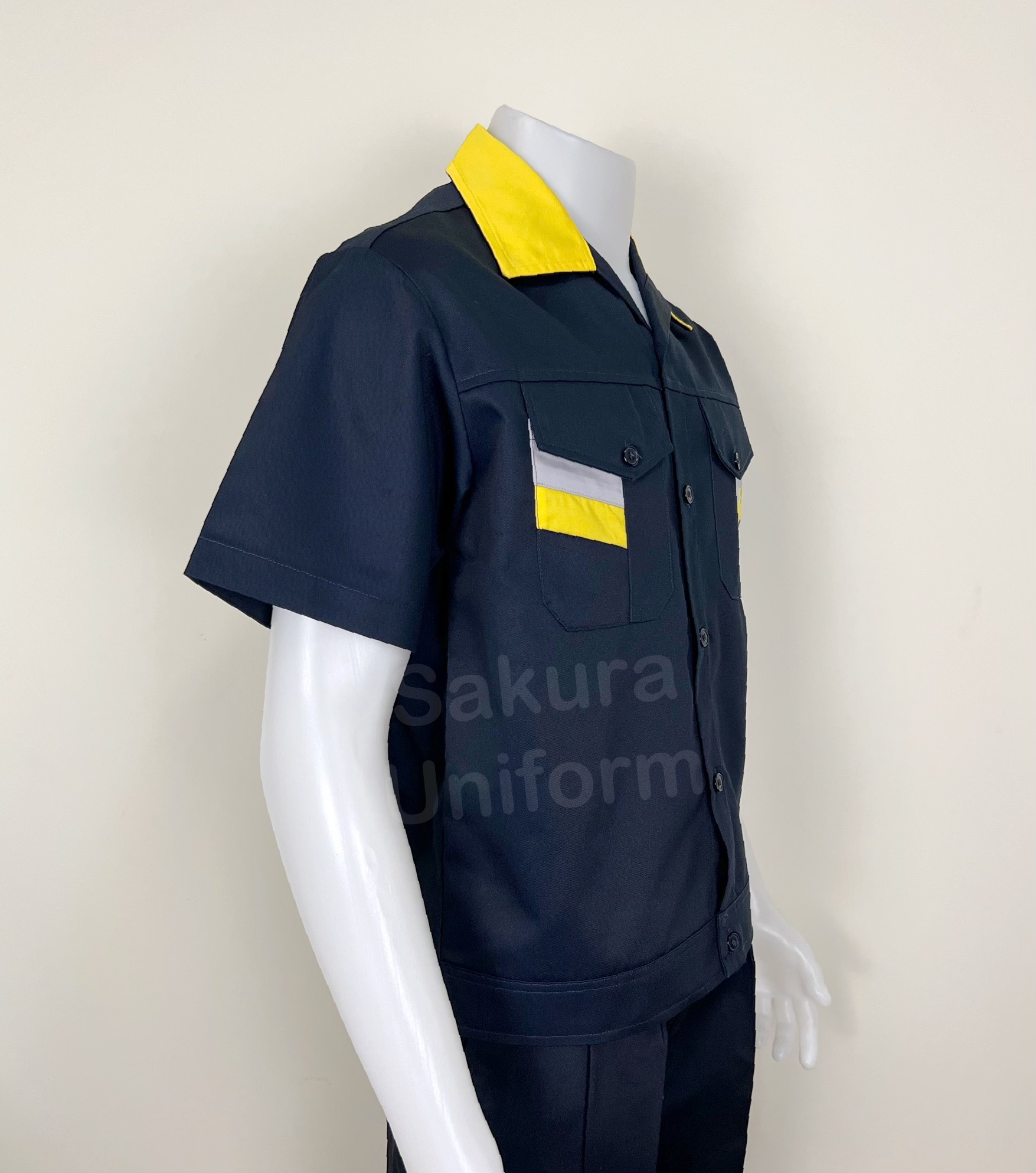 เสื้อช็อปแขนสั้นผ้าคอมทวิวแบบกรมแต่งเหลือง (รหัส A118)