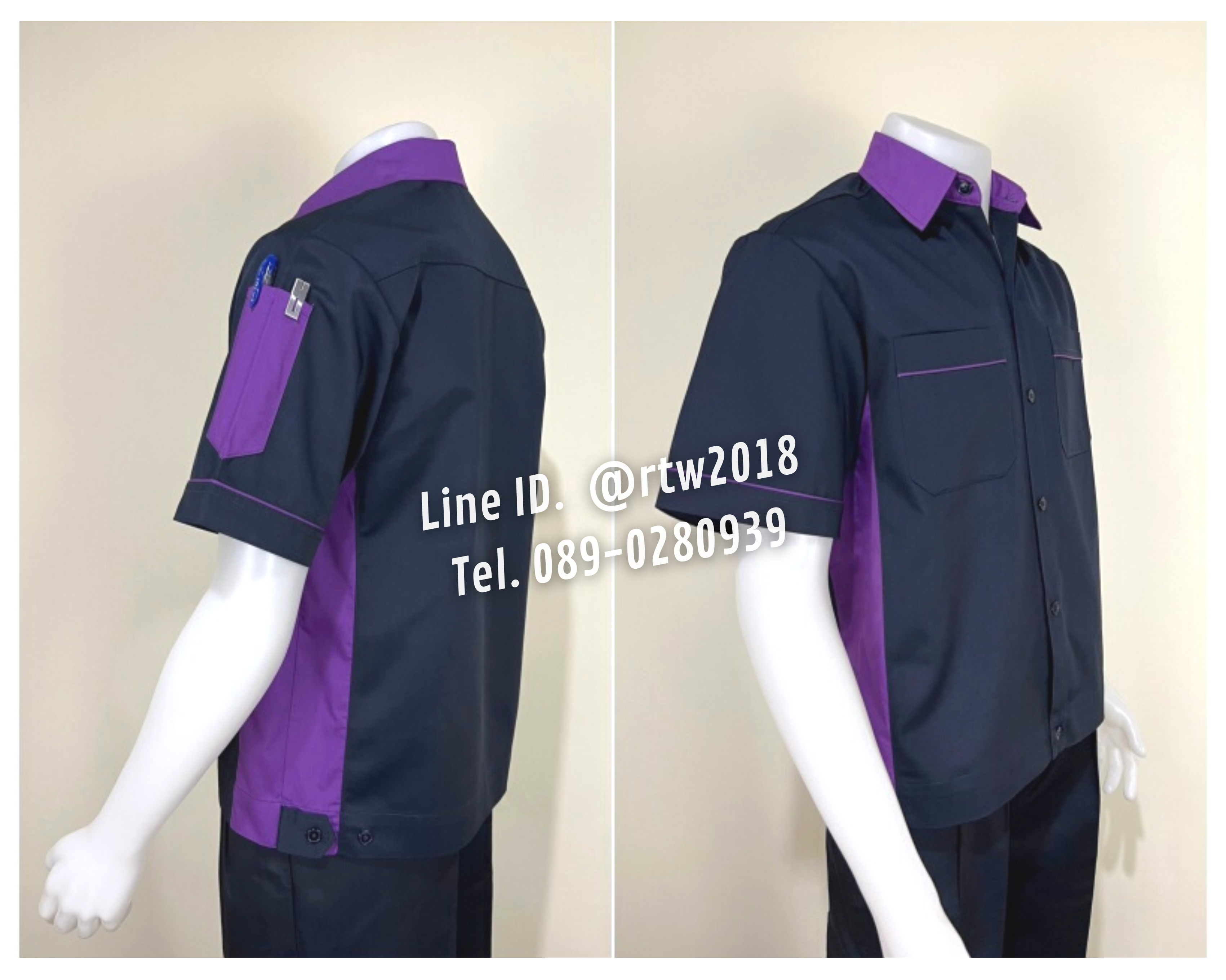 รหัส A12.1 : เสื้อช่างแขนสั้นผ้าคอมทวิวสีกรมท่าข้างม่วง