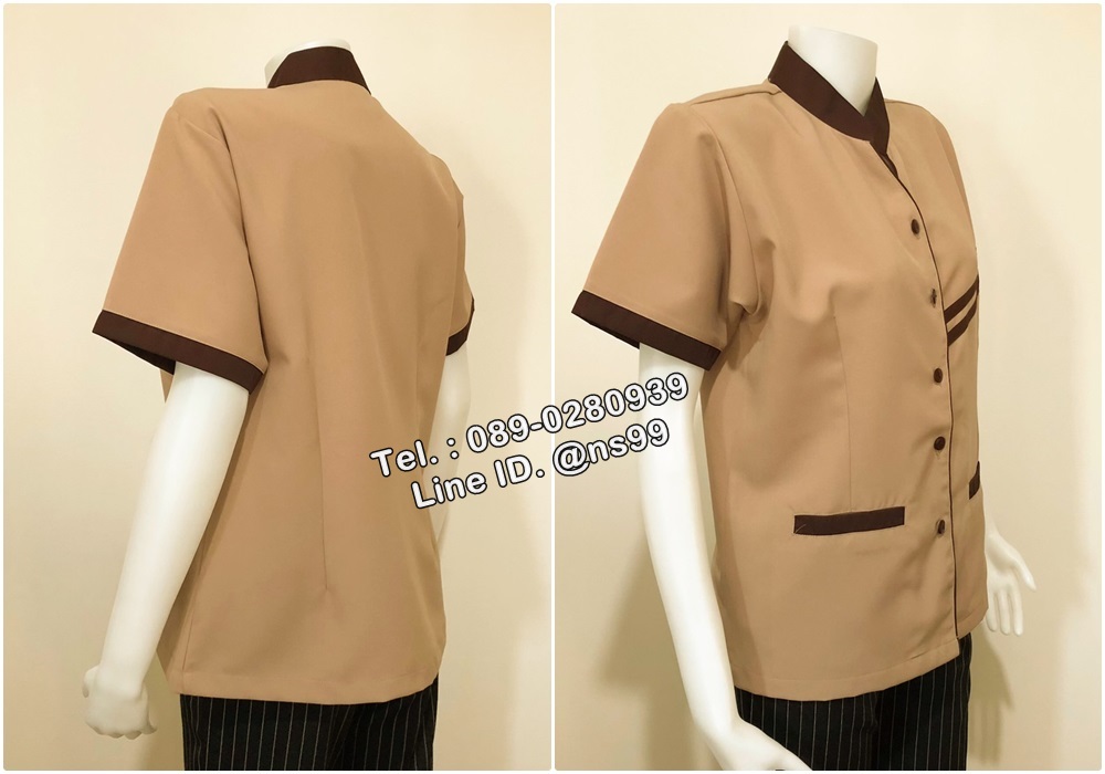 รหัส C9 : เสื้อแม่บ้านคอจีนแขนสั้นสีน้ำตาลอ่อน/น้ำตาลเข้ม