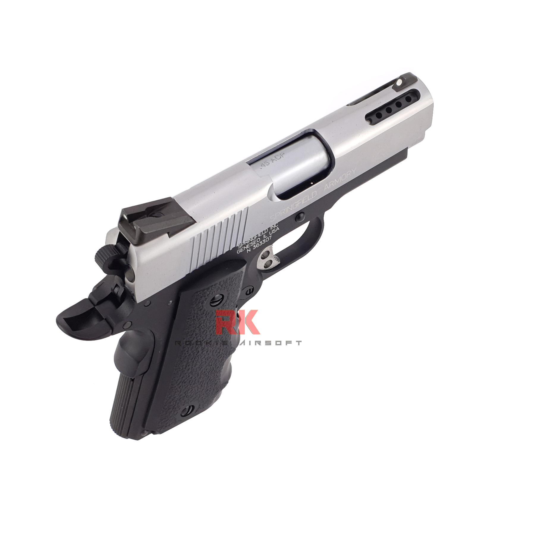 AW NE1003 M1911 Springfield V10 Ultra Compact .45ACP GBB - Silver Slide. Black Frame