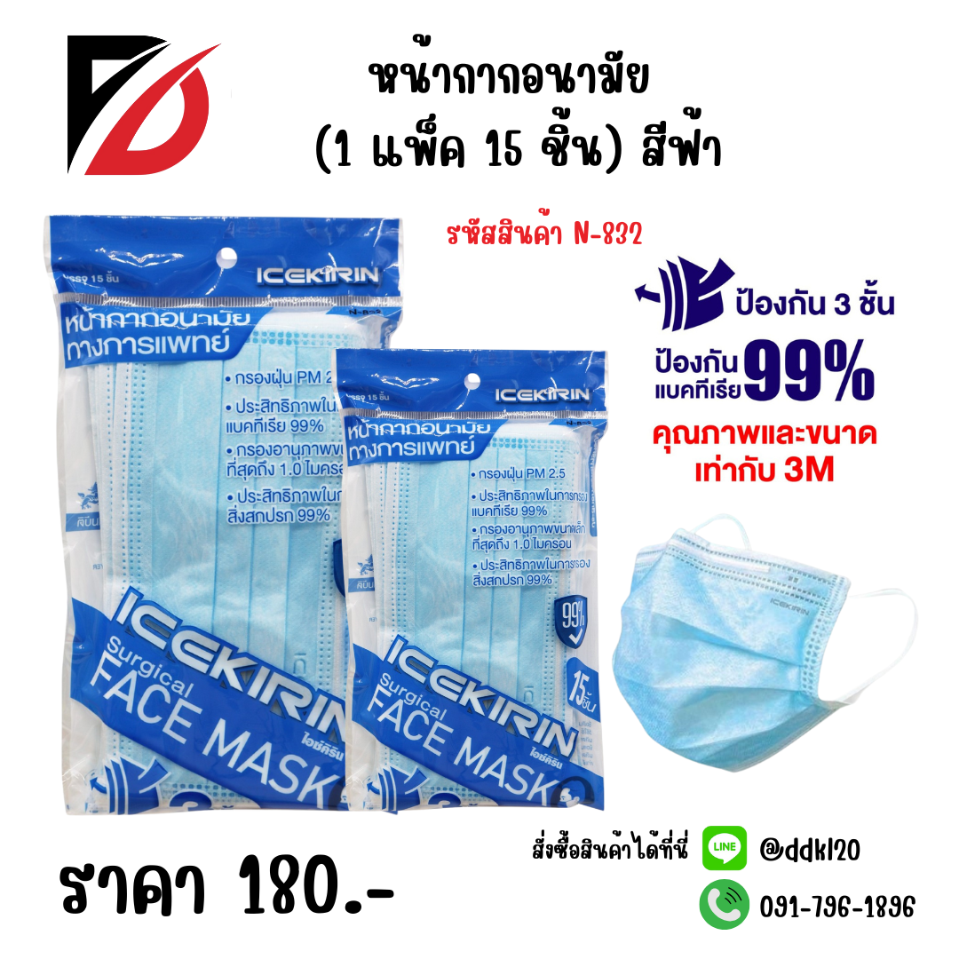 หน้ากากอนามัย (1 แพ็ค 15 ชิ้น) สีฟ้า