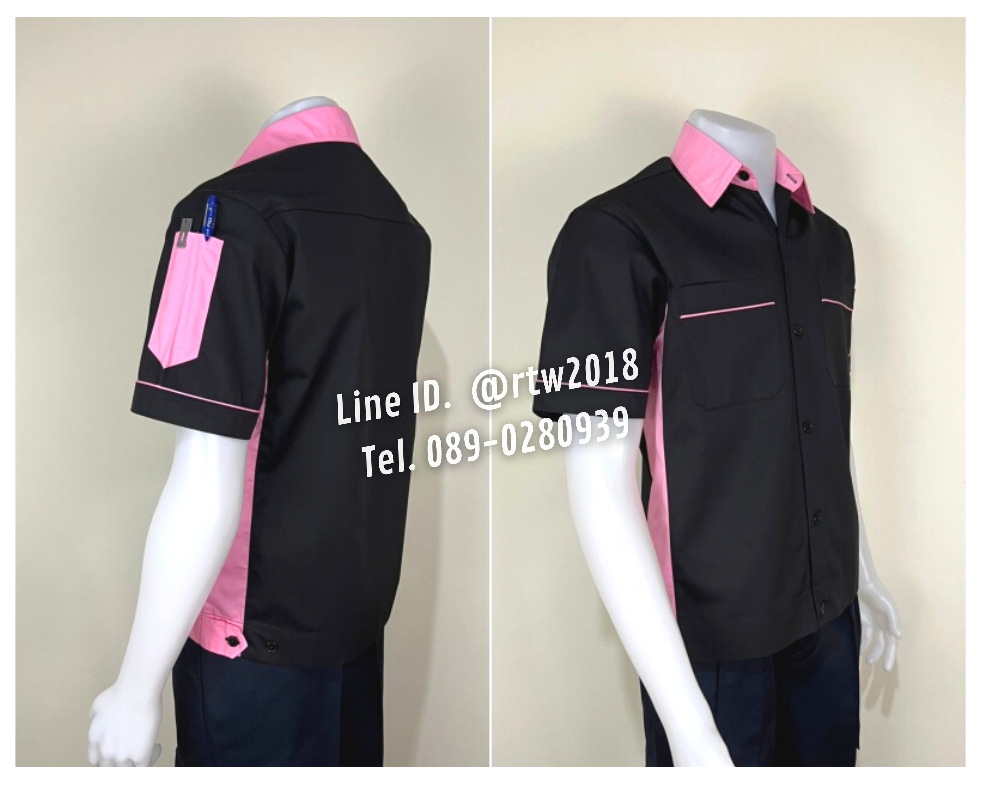 รหัส A13.12 : เสื้อช่างแขนสั้นผ้าคอมทวิวสีดำข้างชมพูอ่อน