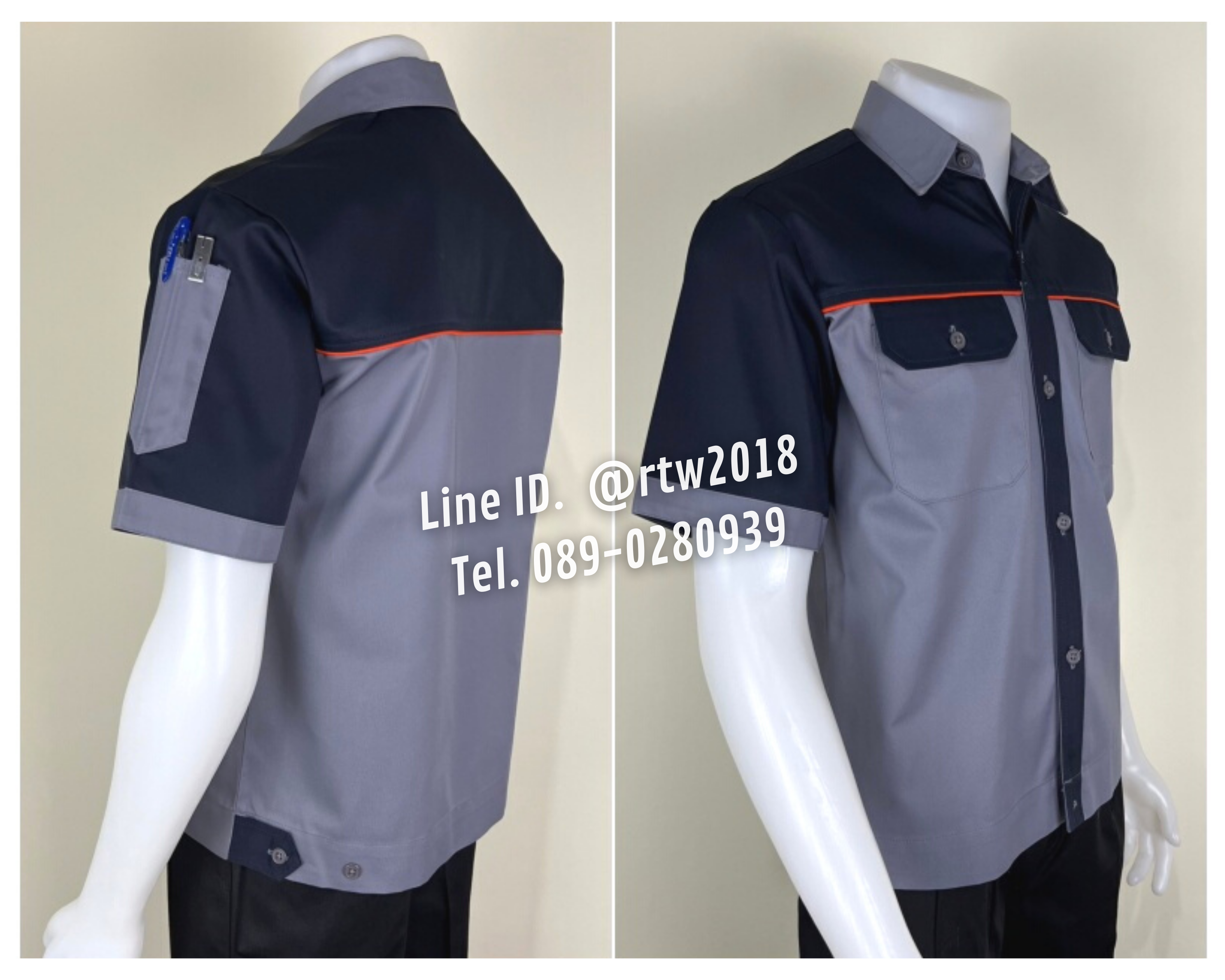 รหัส A29.1 : เสื้อช่างแขนสั้นผ้าคอมทวิวสีเทาอก+แขนกรมท่า (กุ้นส้ม)