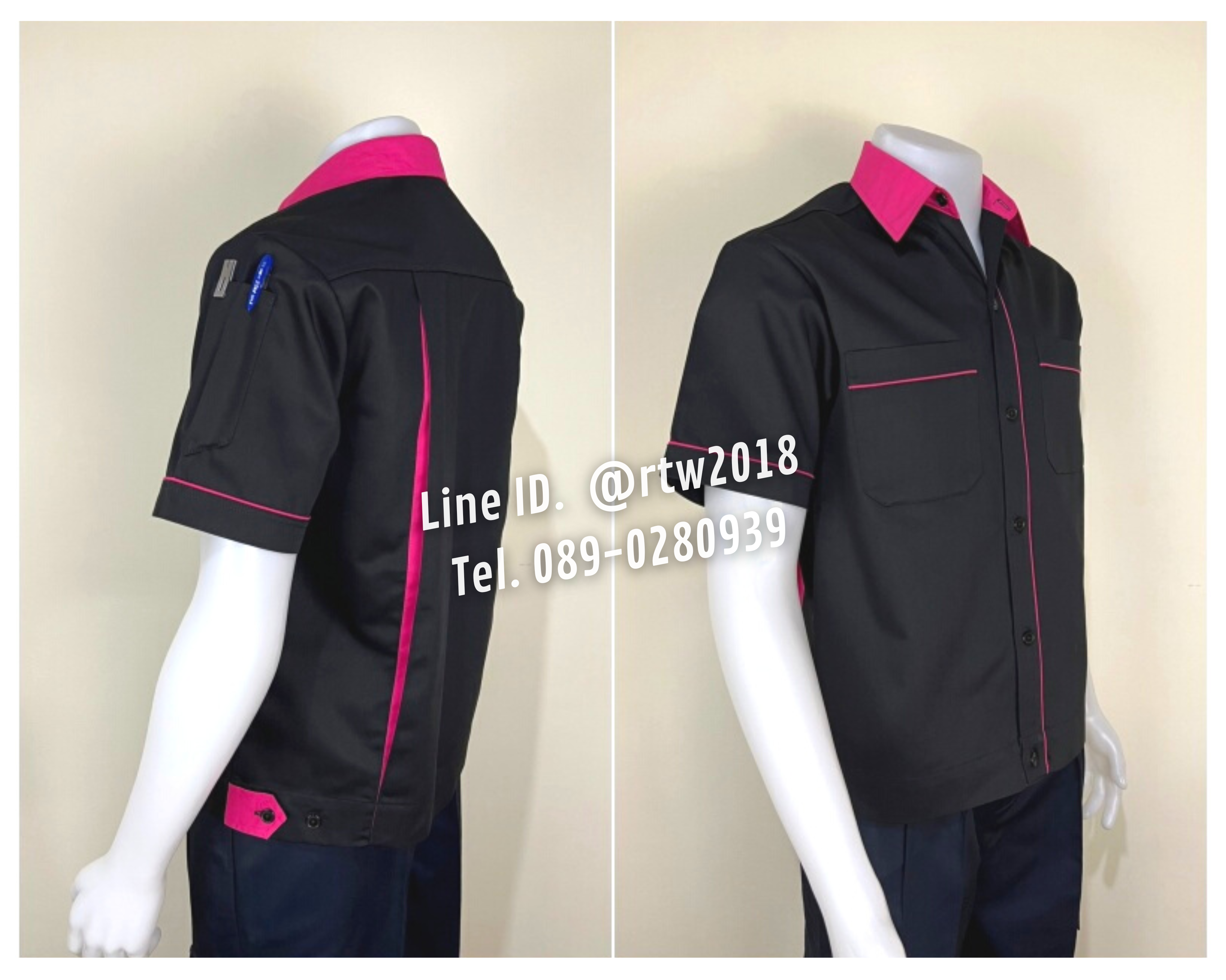 รหัส A7.11 : เสื้อช่างแขนสั้นผ้าคอมทวิวสีดำกุ้นชมพูเข้ม