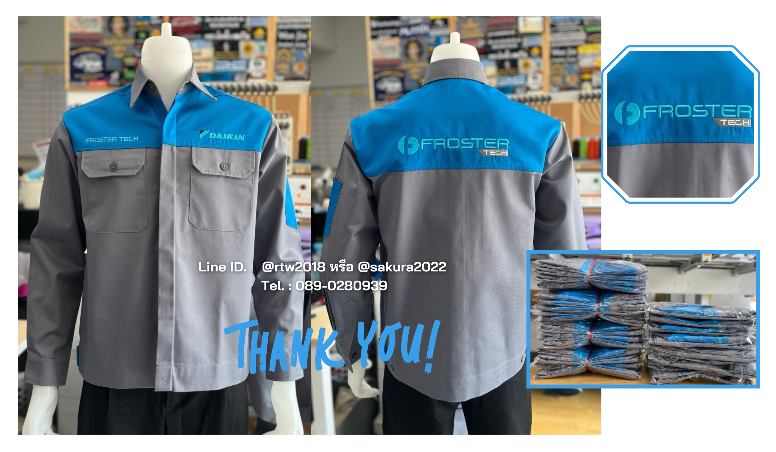 รหัส AB2.1 : เสื้อช่างแขนยาวผ้าคอมทวิวเทาอกฟ้าเข้ม (ซ่อนสาบ)