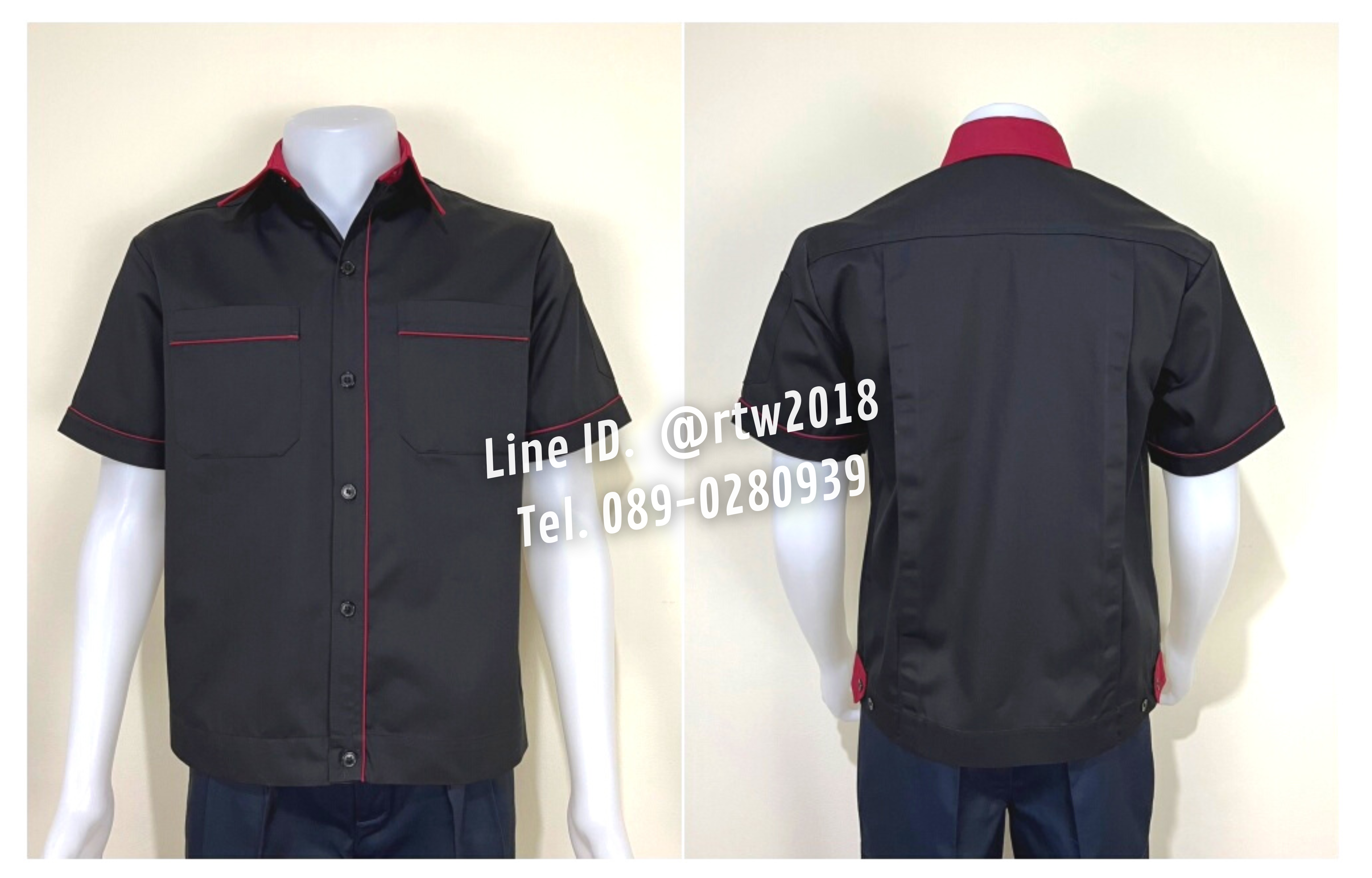 รหัส A7.10 : เสื้อช่างแขนสั้นผ้าคอมทวิวสีดำกุ้นเลือดหมู