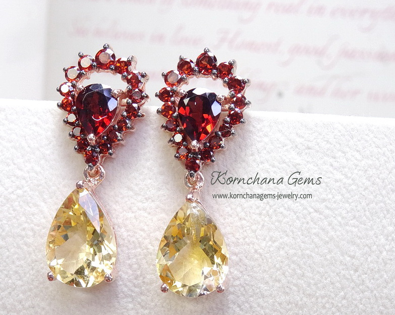 ต่างหูการ์เนทหรือโกเมนสีแดงน้ำตาลเข้มสวยจับคู่พลอยซิทรินทรงลูกแพรสีเหลืองสด ไฟดี ต่างหูห้อยยาว สวยสง่า เลอค่าสไตล์เจ้าหญิง ตัวเรือนเงินแท้
