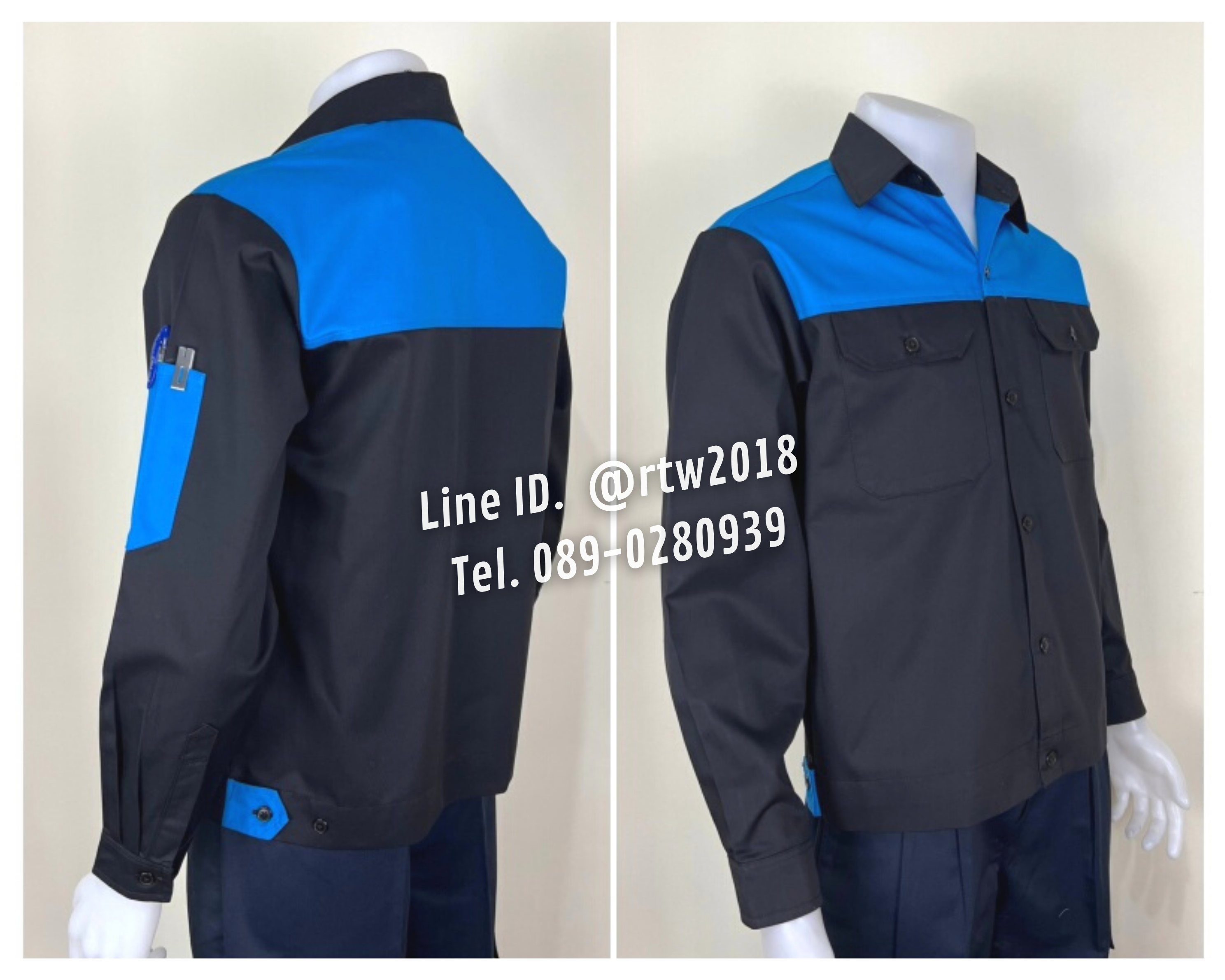 รหัส AB16.5 : เสื้อช่างแขนยาวผ้าคอมทวิวสีดำอกฟ้าเข้ม