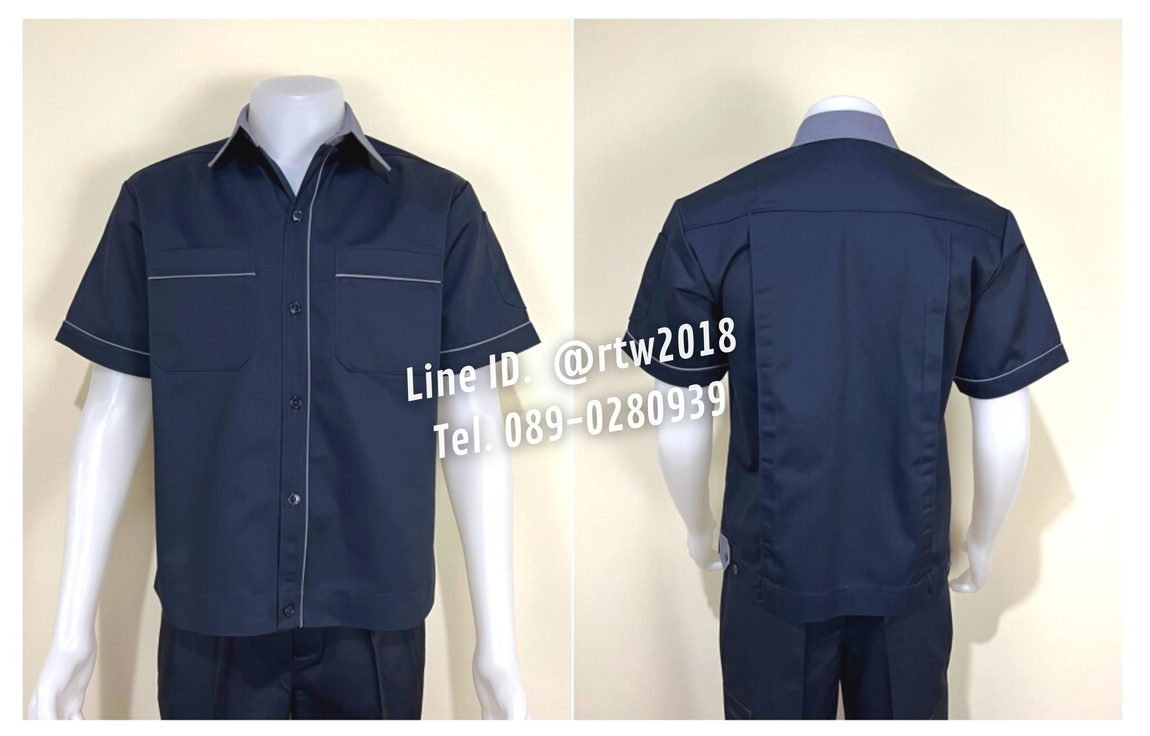รหัส A6.13 : เสื้อช่างแขนสั้นผ้าคอมทวิวสีกรมท่ากุ้นเทา