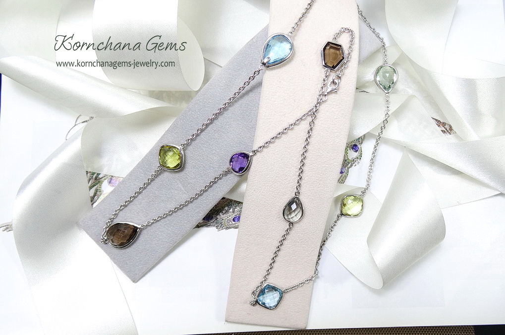 สร้อยคอพลอยแท้ สร้อยยาวแบบสวมหัวได้ โทนสีหวานๆด้วยม่วงอเมทิสท์สลับกรีนอเมทิสท์ และสกายบลูโทพาสสีฟ้าใส ตัวเรือนเงินแท้ สวมหัวได้เลยค่ะ