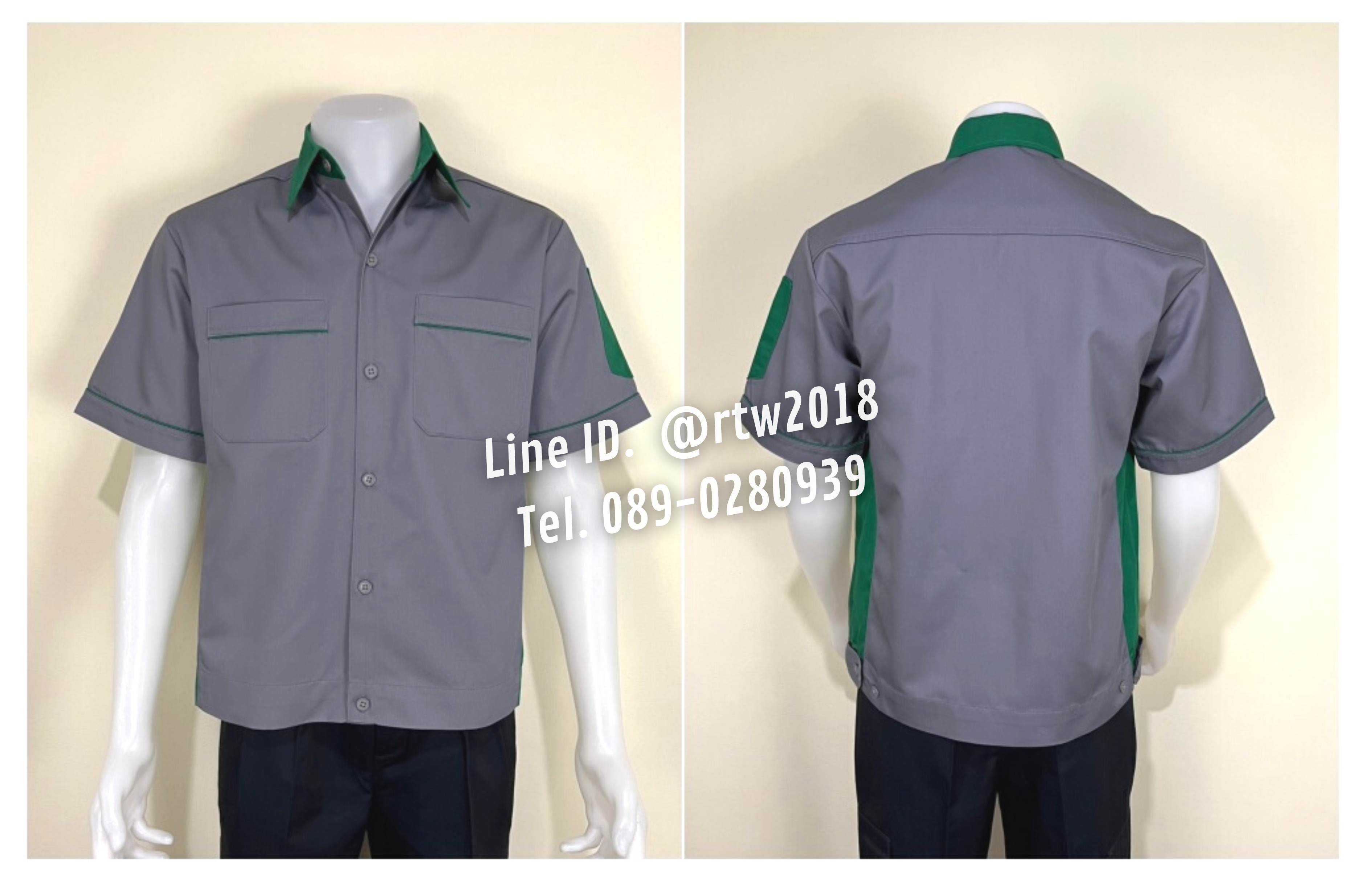 รหัส A11.6 : เสื้อช่างแขนสั้นผ้าคอมทวิวสีเทาข้างเขียวเข้ม