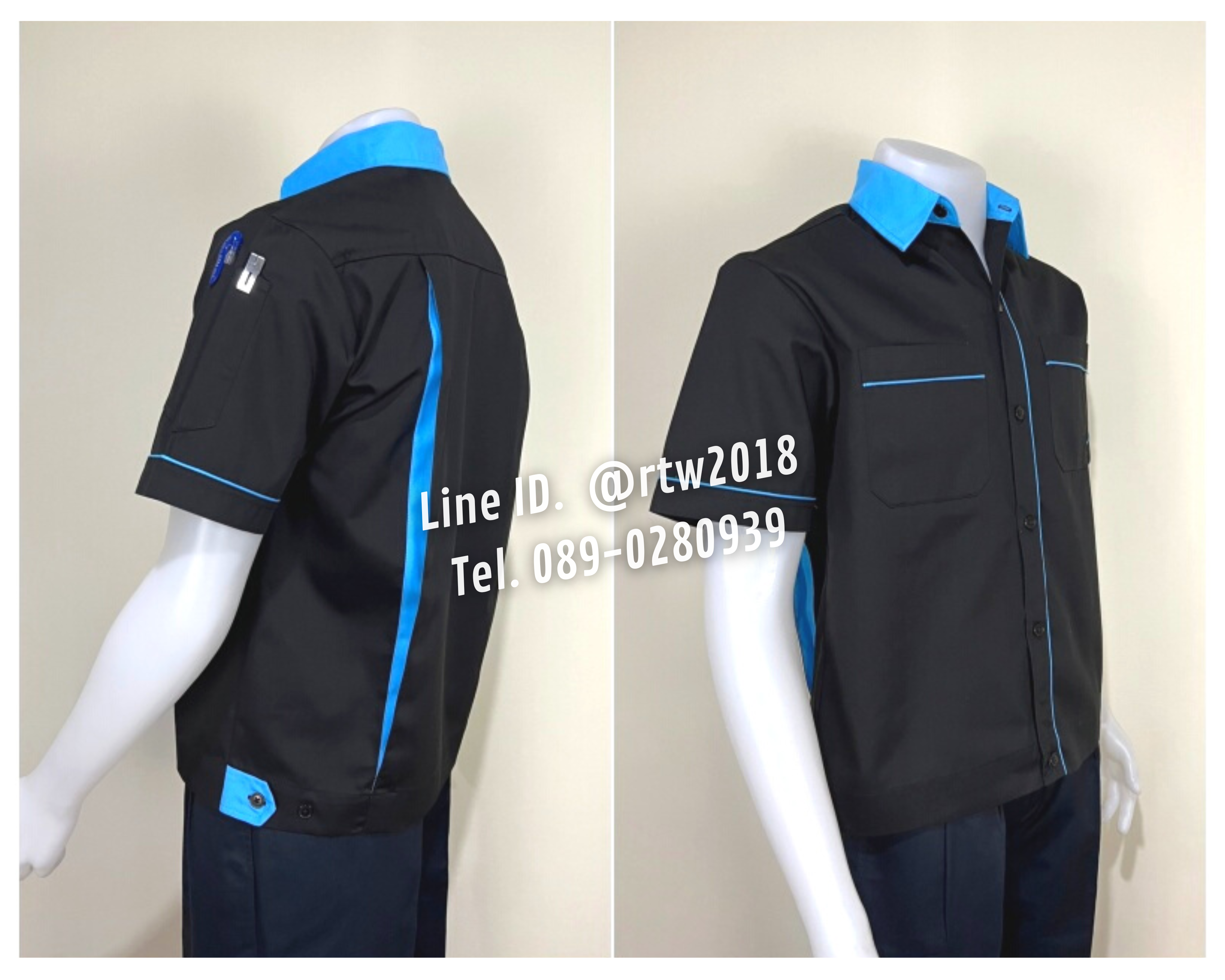 รหัส A7.2 : เสื้อช่างแขนสั้นผ้าคอมทวิวสีดำกุ้นฟ้าอ่อน