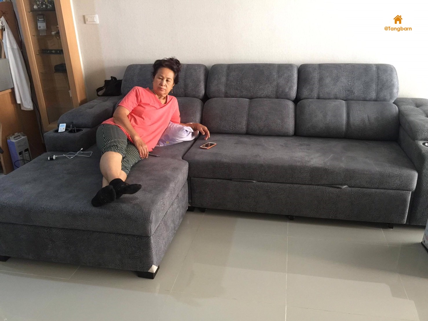 โซฟาเบด 3 ที่นั่ง L Shape ดึงสไลด์ ปรับนอนได้ (ชามัวร์) เพิ่มฟังก์ชั่นแขนฝาเปิดเก็บของ ที่วางแก้ว พนักพิงรองรับหลัง