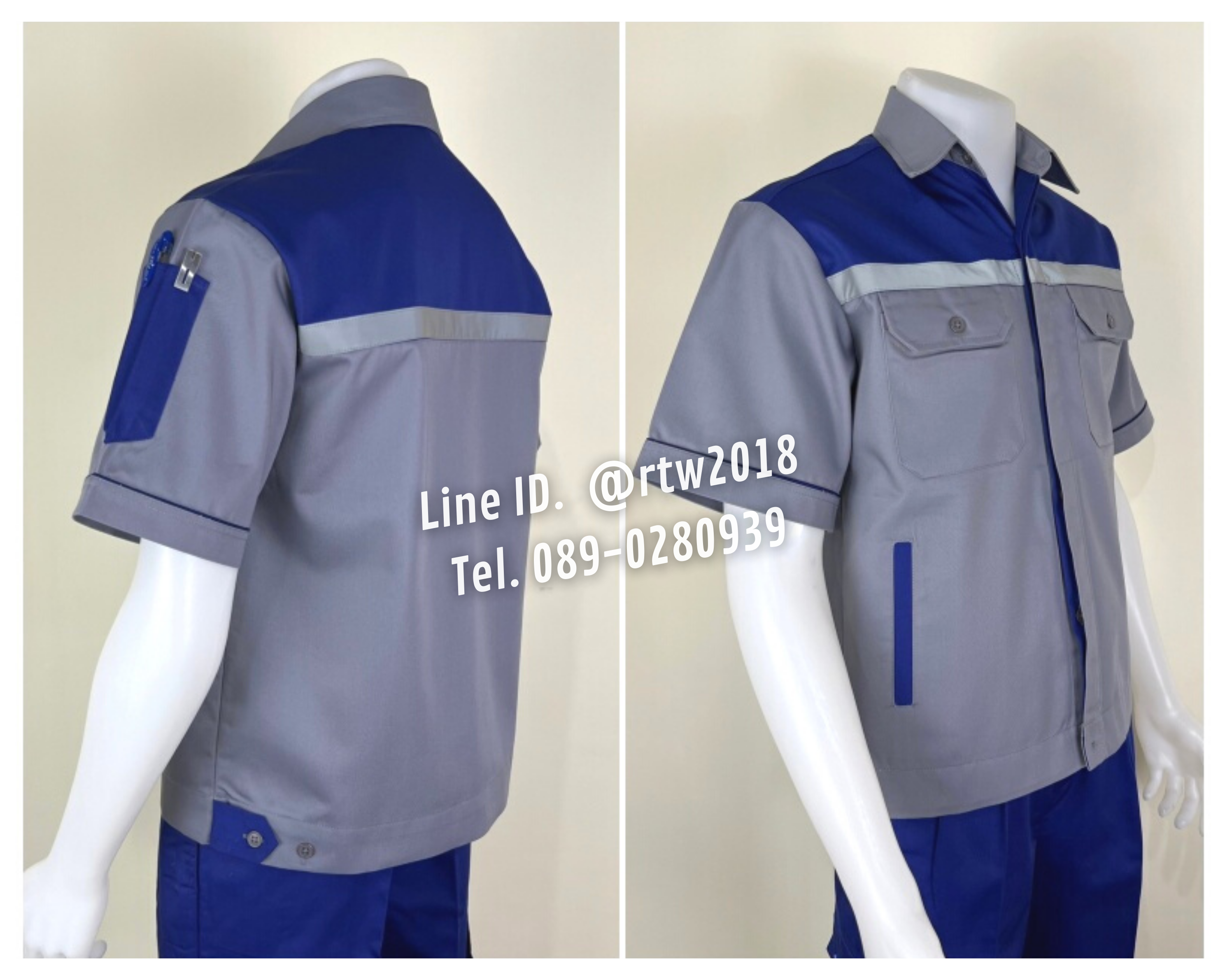 รหัส A33.3 : เสื้อช่างแขนสั้นผ้าคอมทวิว 4 กระเป๋า สีเทาอกน้ำเงิน (ติดสะท้อนแสง)