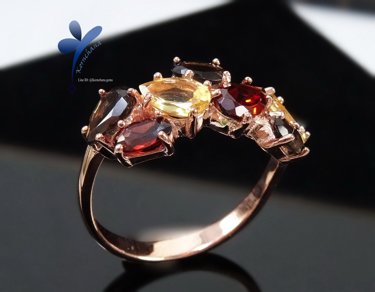 Garnet&Citrin Ring แหวนพลอยซิทรินสีเหลืองสลับการ์เนทสีน้ำตาลแดง ดีไซน์อ่อนหวาน ตัวเรือนผลิตจากเงินแท้ ชุบพิงค์โกลด์ ฝีมือประณีต รับประกันความพึงพอใจ