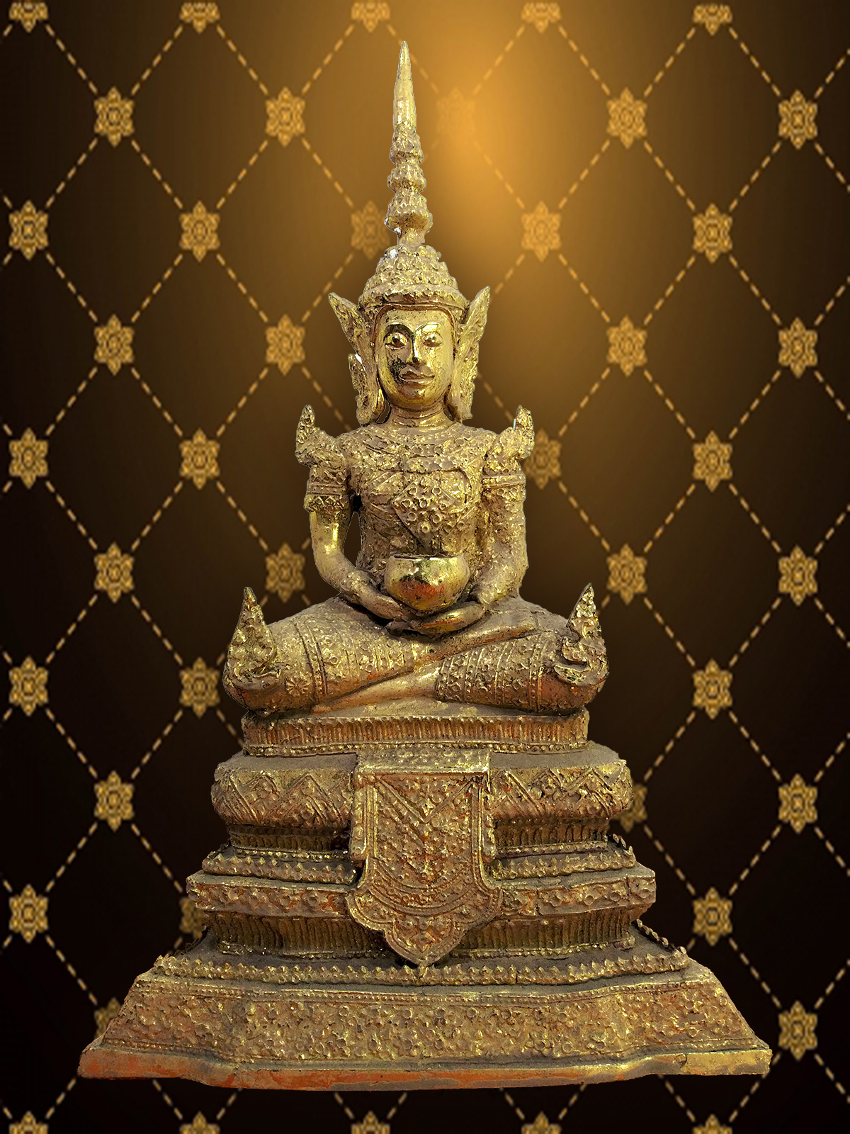 พระบูชา พระรัตนะทรงเครื่อง ปาง นั่งอุ้มบาตร ฐานกว้าง 9 นิ้ว