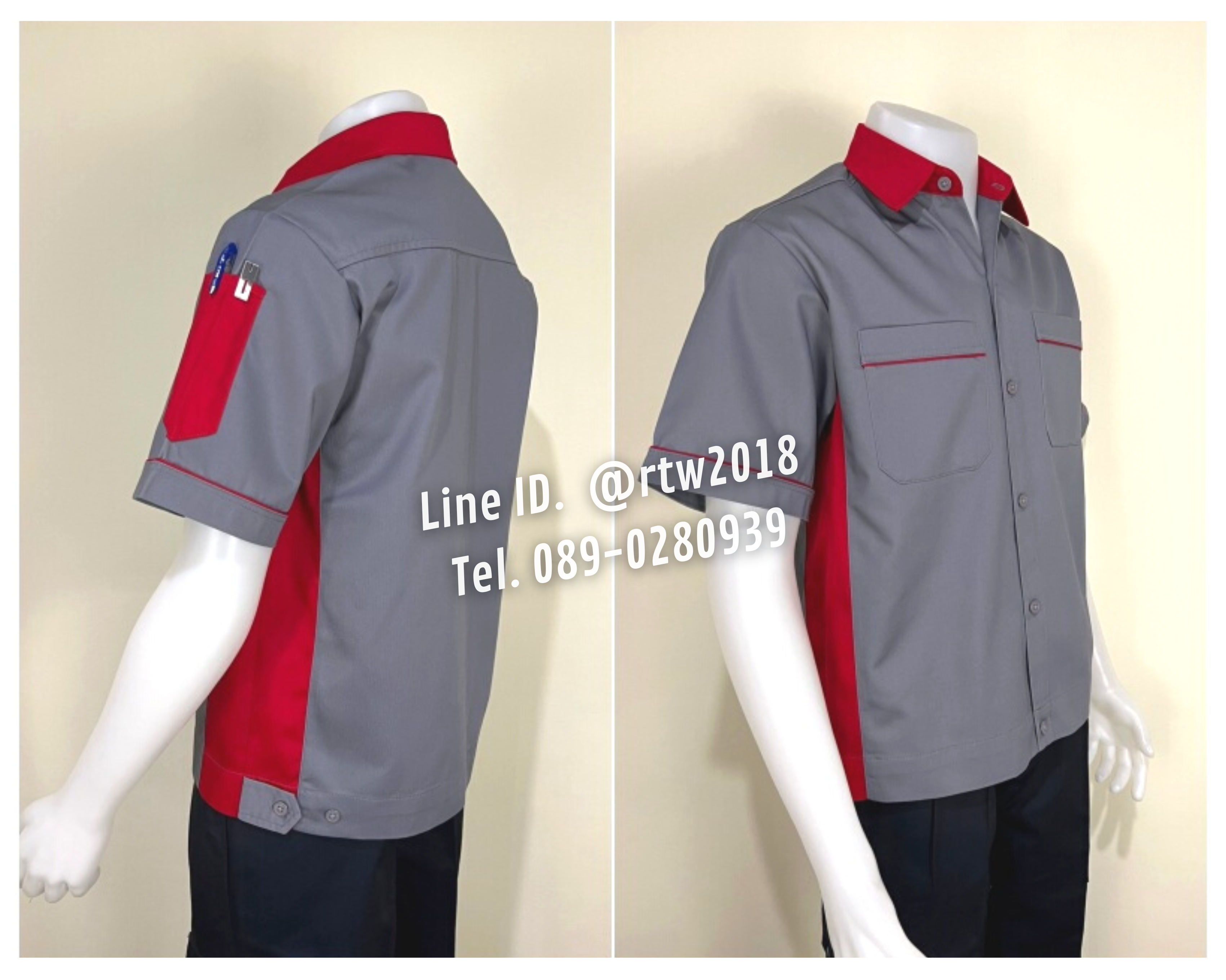 รหัส A11.11 : เสื้อช่างแขนสั้นผ้าคอมทวิวสีเทาข้างแดง