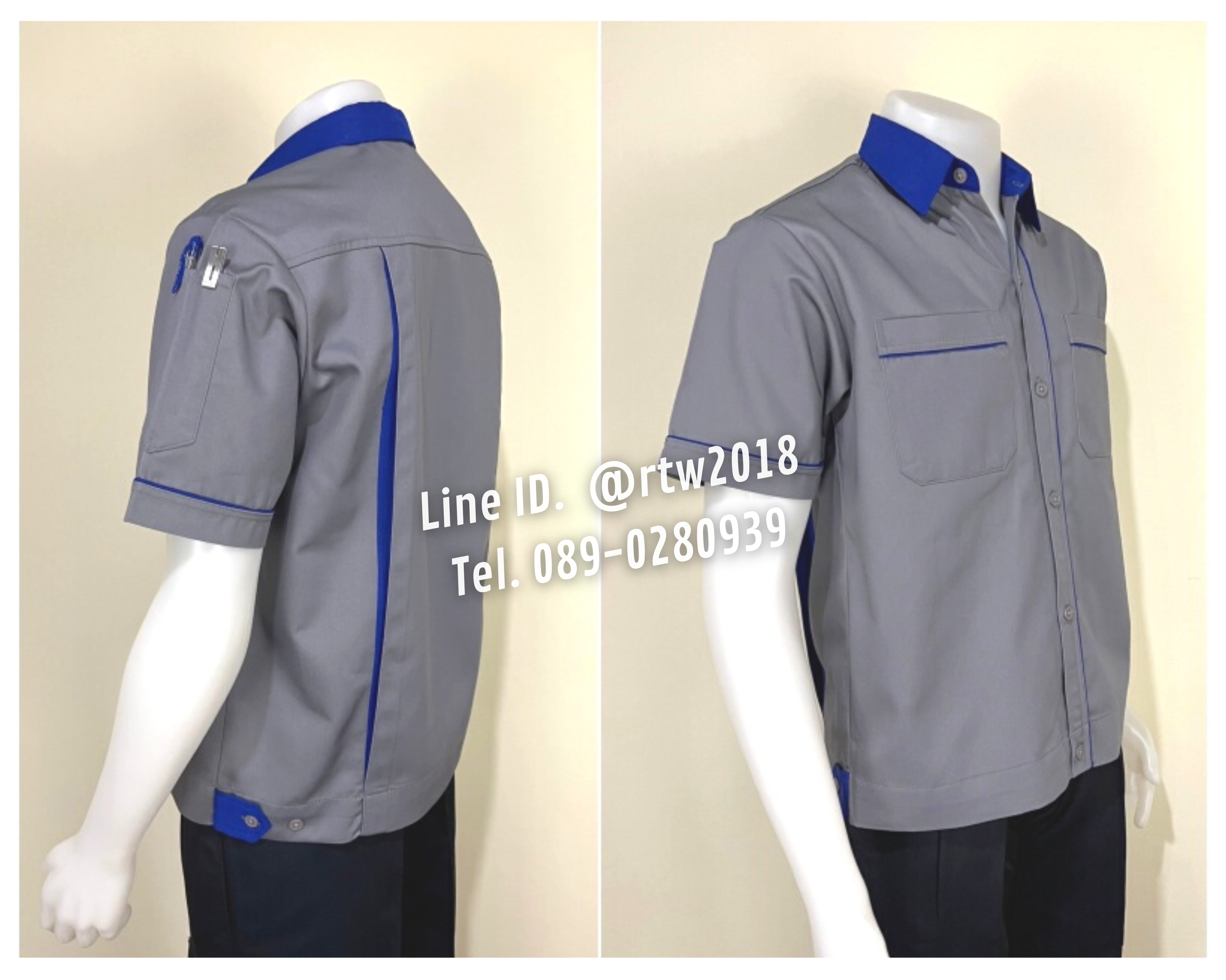 รหัส A5.4 : เสื้อช่างแขนสั้นผ้าคอมทวิวสีเทากุ้นน้ำเงิน