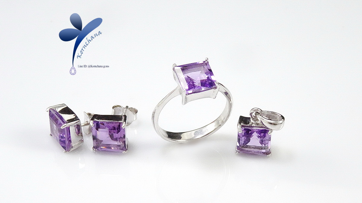 Square Amethyst Set เซ็ทแหวน,สร้อยคอพร้อมจี้ และต่างหูอเมทิสต์ทรงสี่เหลี่ยม ตัวเรือนเงินแท้ silver925