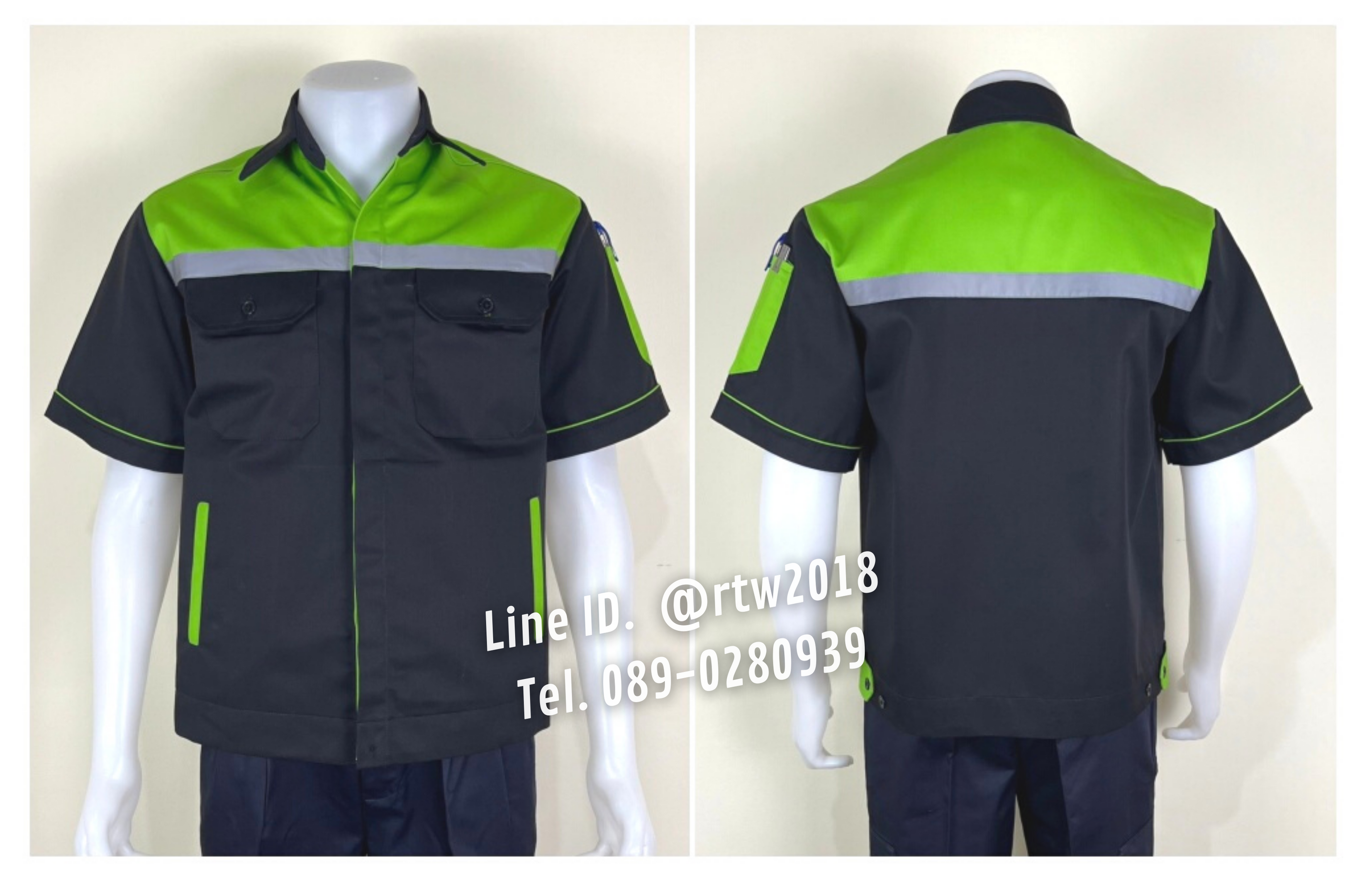 รหัส A35.1 : เสื้อช่างแขนสั้นผ้าคอมทวิว 4 กระเป๋า สีดำอกเขียวอ่อน (ติดสะท้อนแสง)