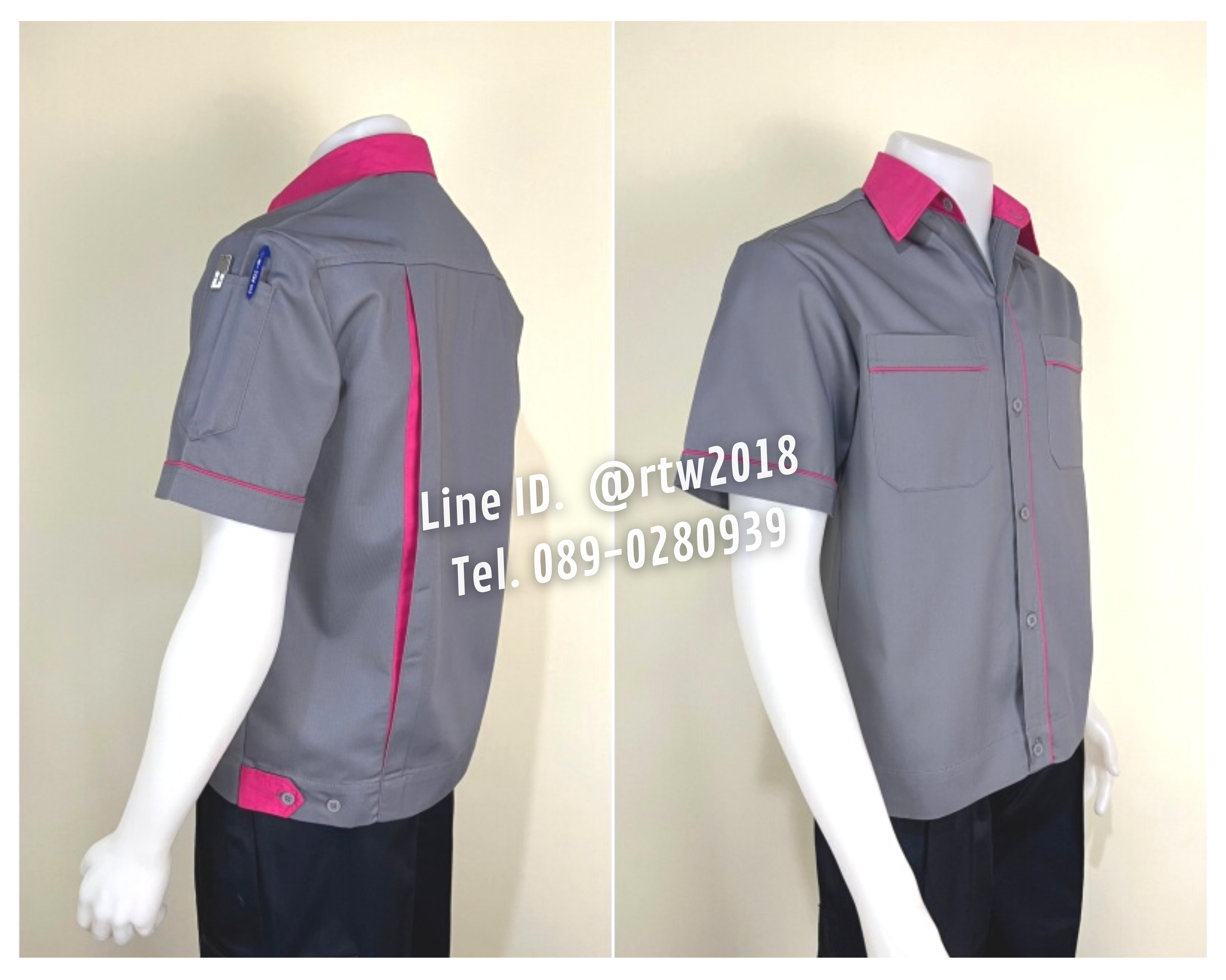 รหัส A5.13 : เสื้อช่างแขนสั้นผ้าคอมทวิวสีเทากุ้นชมพูเข้ม