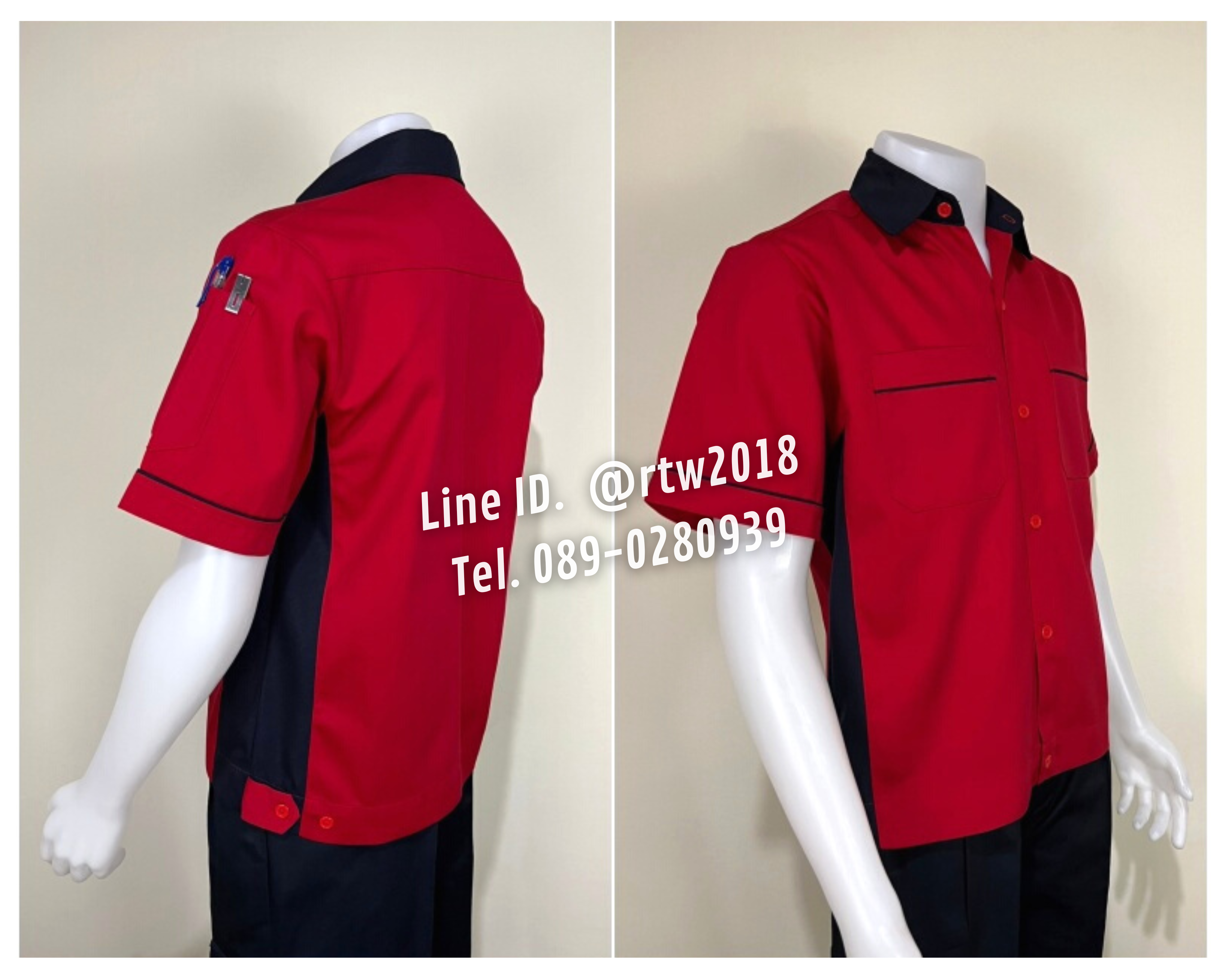 รหัส A14.4 : เสื้อช่างแขนสั้นผ้าคอมทวิวสีแดงข้างกรมท่า