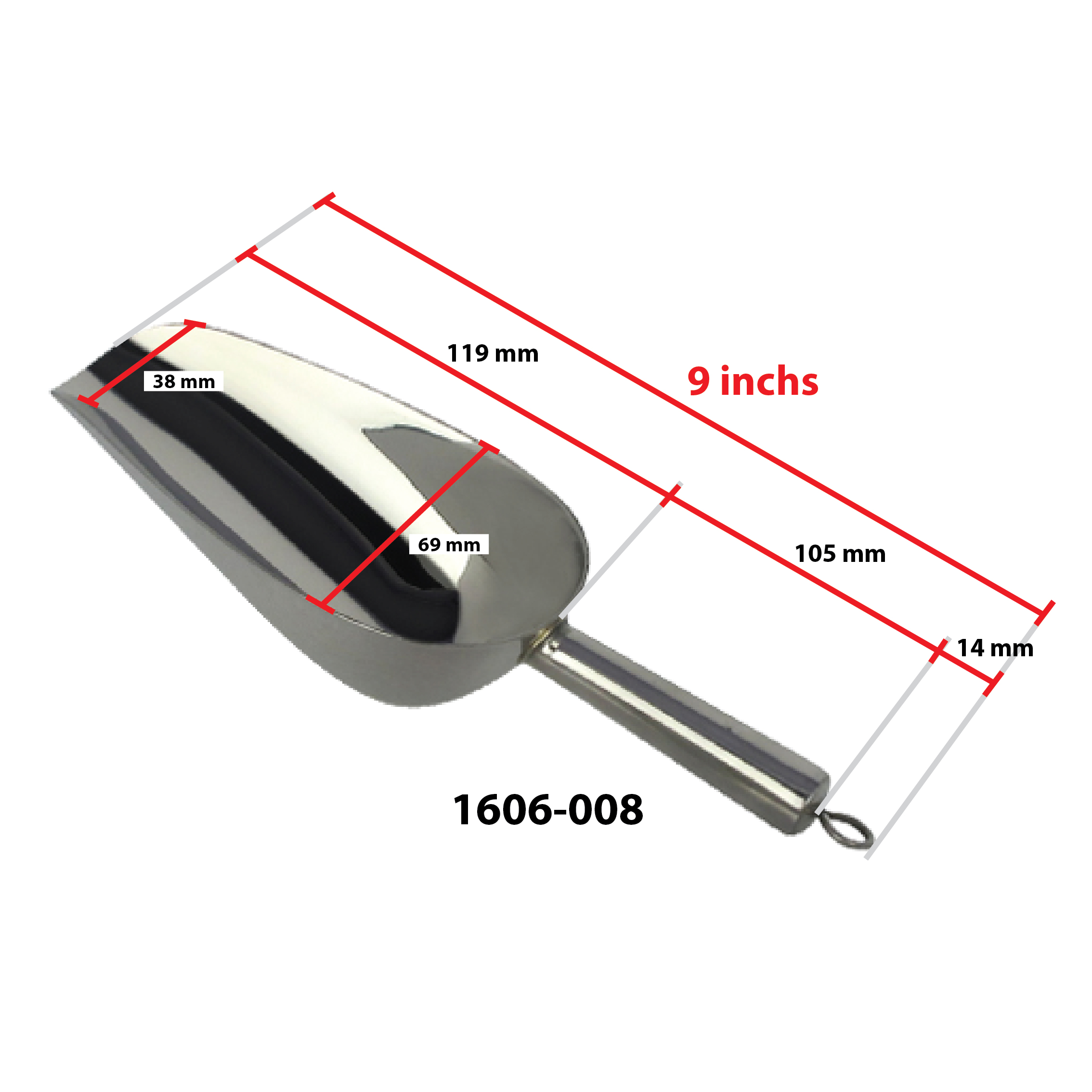ที่ตักน้ำแข็ง กรวยตักน้ำแข็ง ที่ตักวัตถุดิบ สแตนเลส ขนาด 9 นิ้ว 1606-008