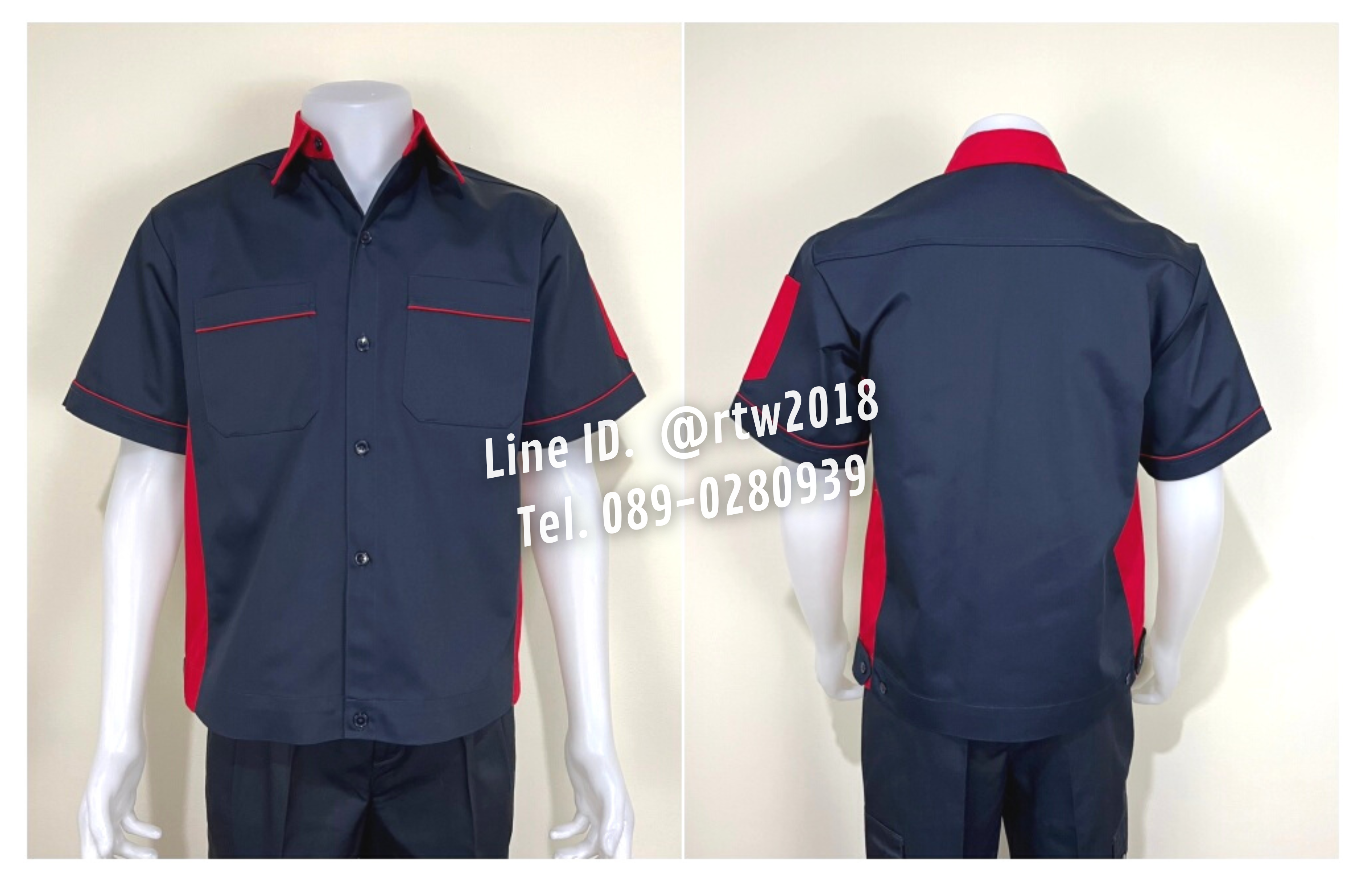 รหัส A12.10 : เสื้อช่างแขนสั้นผ้าคอมทวิวสีกรมท่าข้างแดง