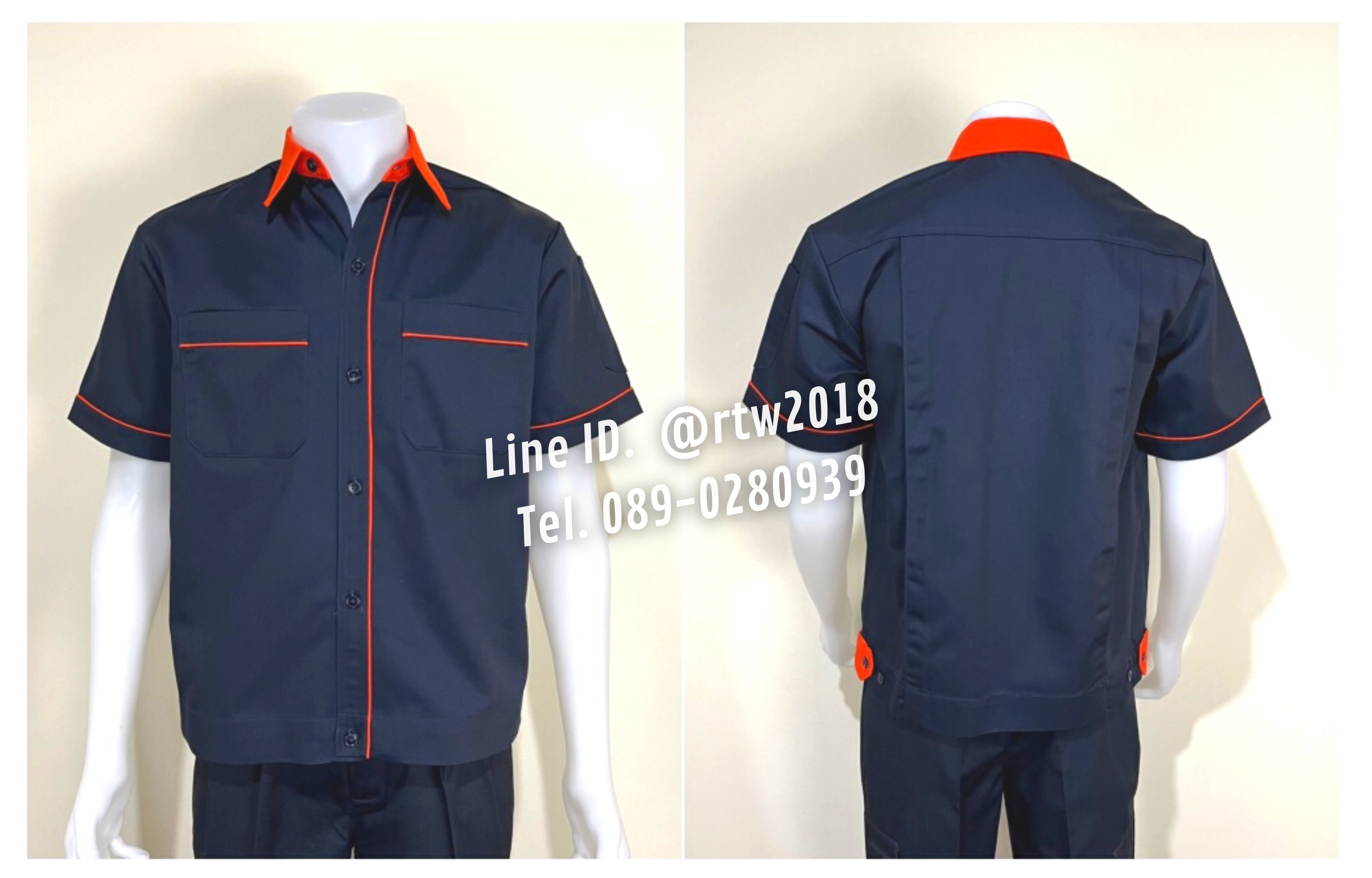 รหัส A6.8 : เสื้อช่างแขนสั้นผ้าคอมทวิวสีกรมท่ากุ้นส้ม