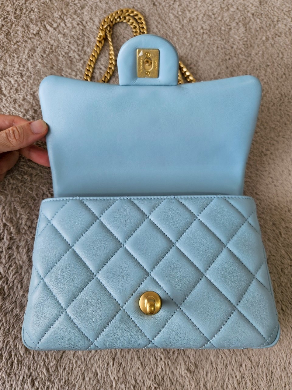Chanel 22P Seasonal Mini Square Flap Bag Lambskin Light Blue And Enamel With Gold Hardware Metalplate