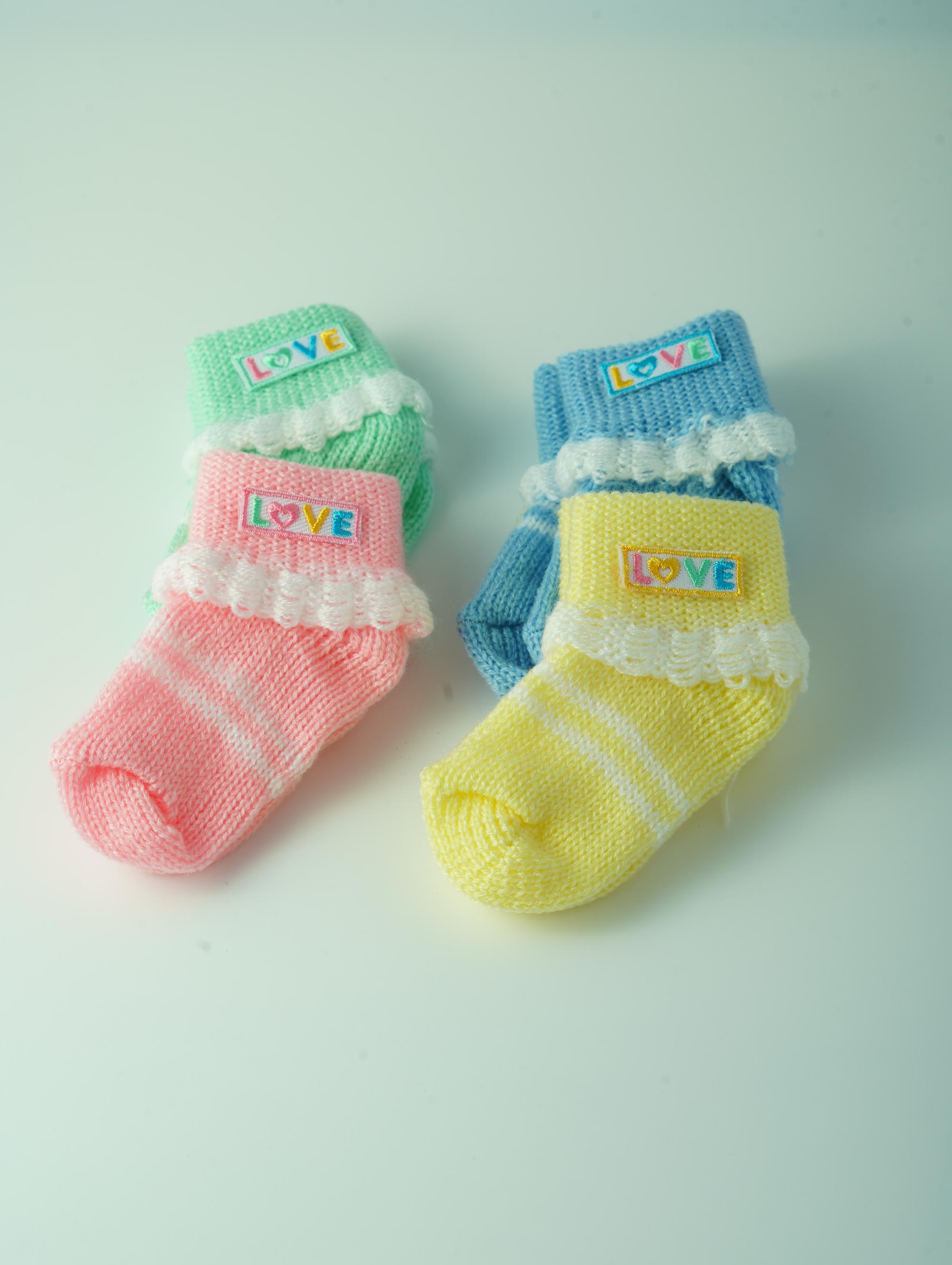 ขายส่ง ถุงเท้าเด็กอ่อน ถุงเท้าทารก ถุงเท้าเด็กแรกเกิด รุ่นถุงเท้าพื้นสี-ปักLOVE (ราคาต่อโหล) nongnini1988
