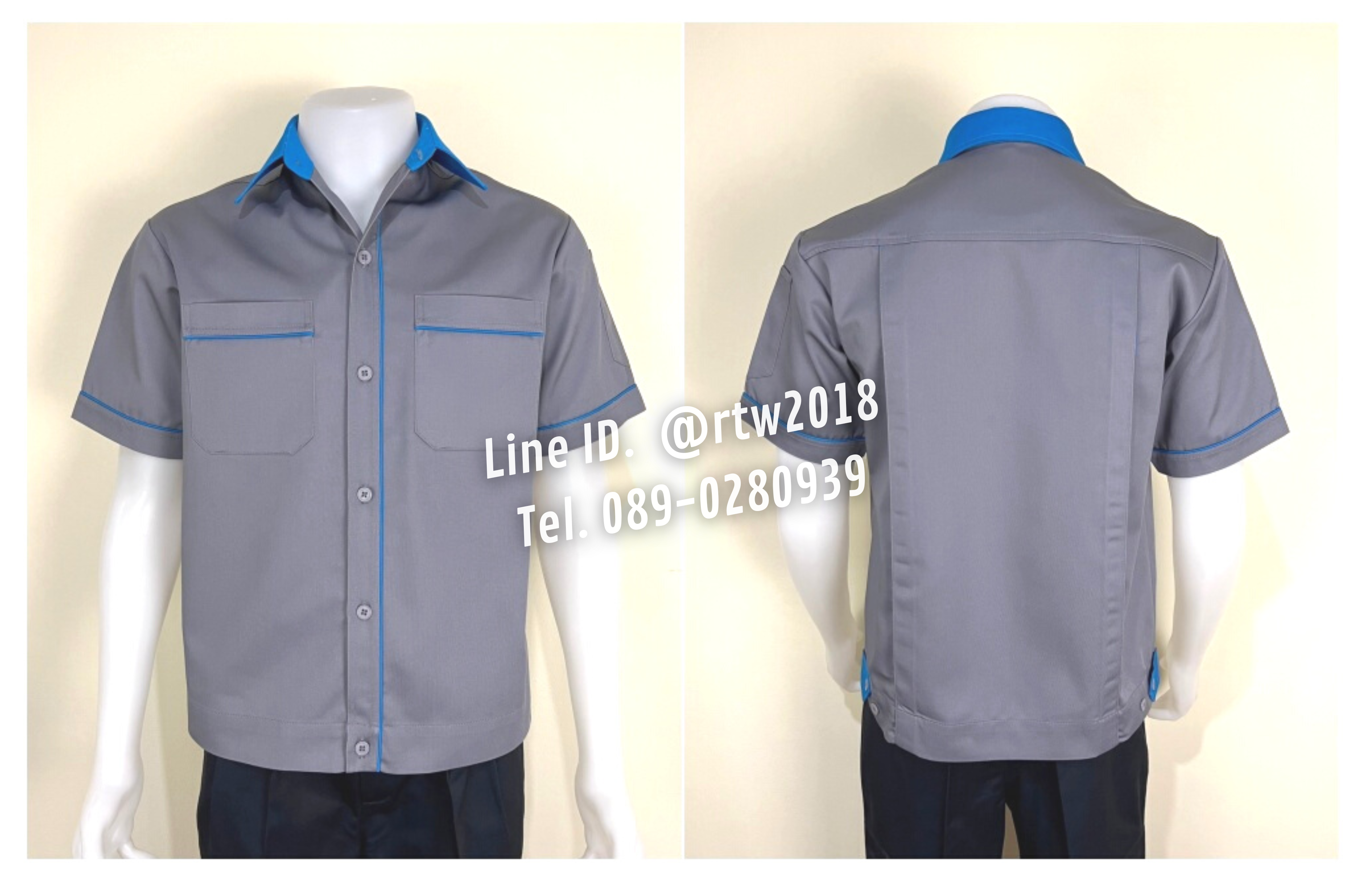 รหัส A5.3 : เสื้อช่างแขนสั้นผ้าคอมทวิวสีเทากุ้นฟ้าเข้ม