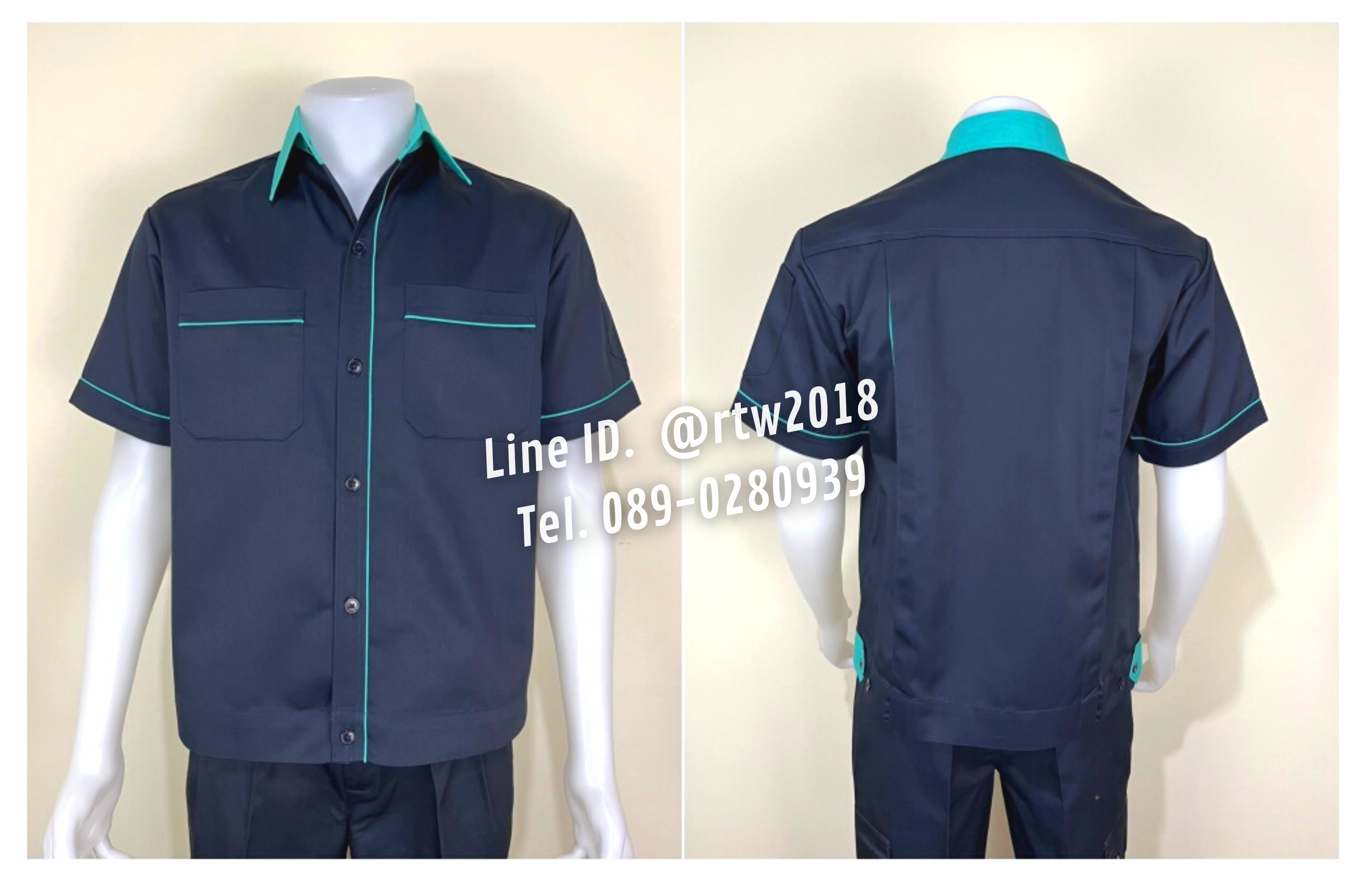 รหัส A6.6 : เสื้อช่างแขนสั้นผ้าคอมทวิวสีกรมท่ากุ้นเขียวมิ้น