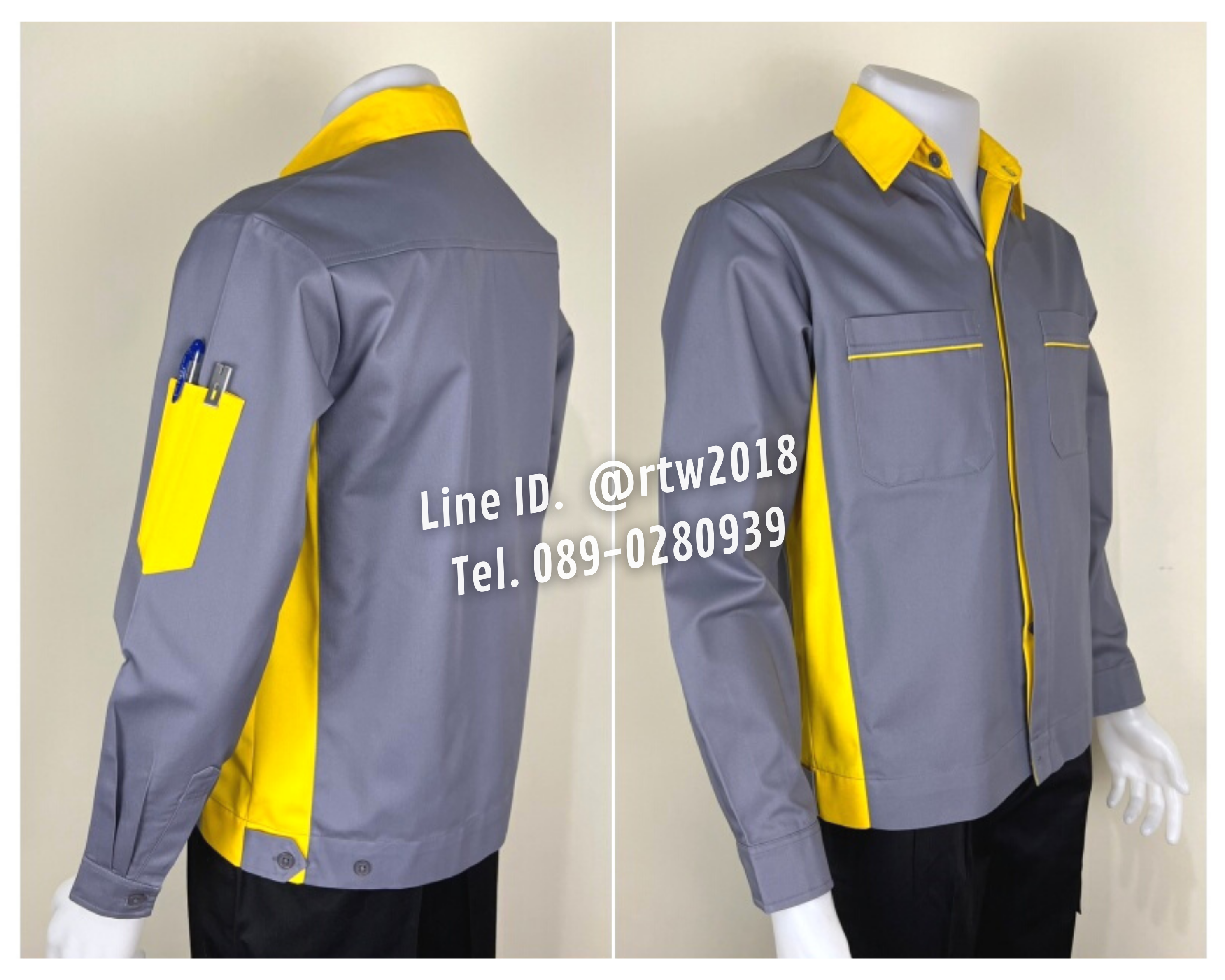 รหัส AB9.5 : เสื้อช่างแขนยาวผ้าคอมทวิวสีเทาข้างเหลือง (ซ่อนสาบ)