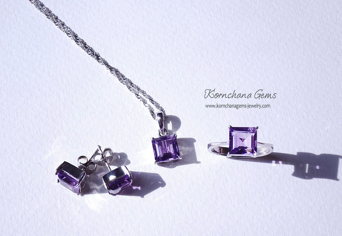 Square Amethyst Set เซ็ทแหวน,สร้อยคอพร้อมจี้ และต่างหูอเมทิสต์ทรงสี่เหลี่ยม ตัวเรือนเงินแท้ silver925