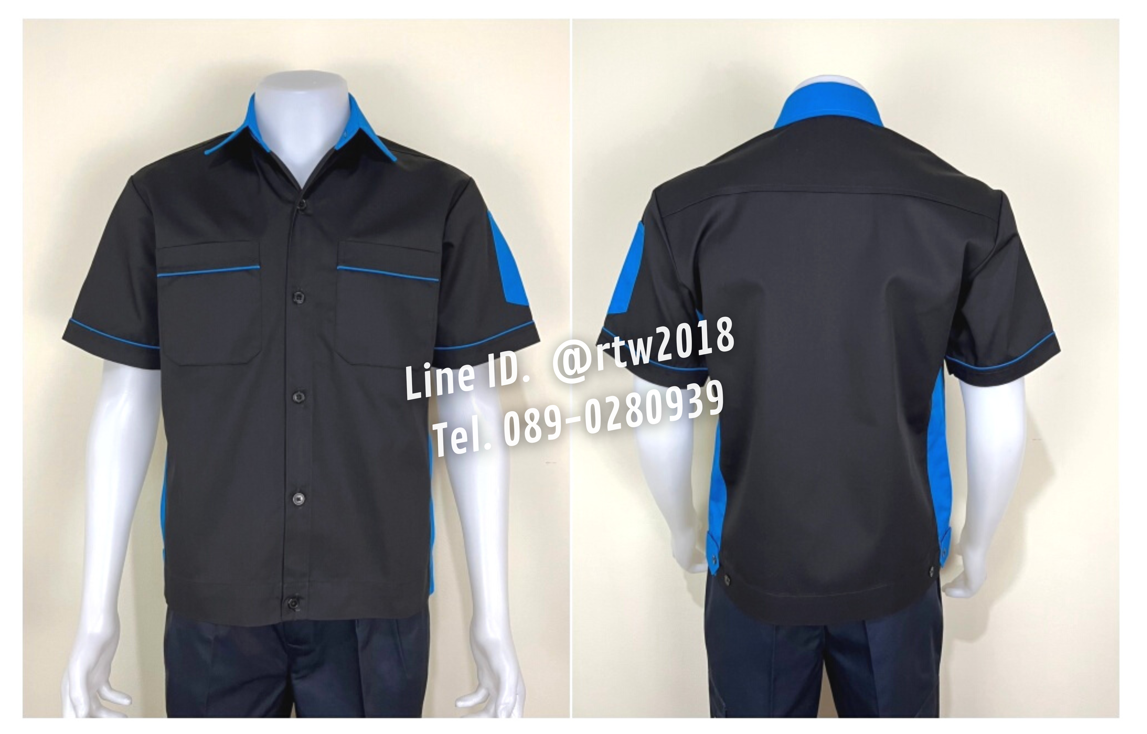 รหัส A13.3 : เสื้อช่างแขนสั้นผ้าคอมทวิวสีดำข้างฟ้าเข้ม