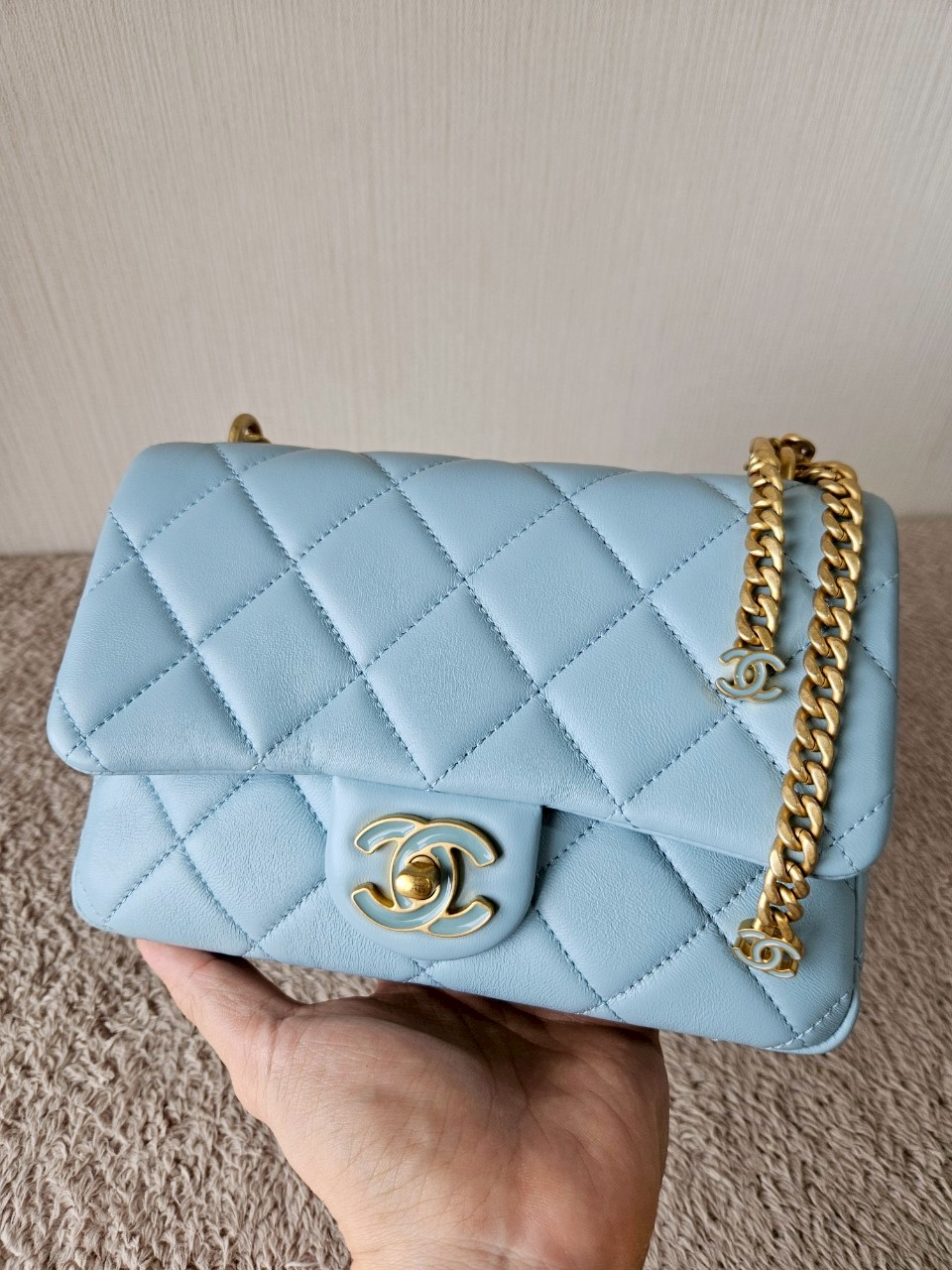 Chanel 22P Seasonal Mini Square Flap Bag Lambskin Light Blue And Enamel With Gold Hardware Metalplate