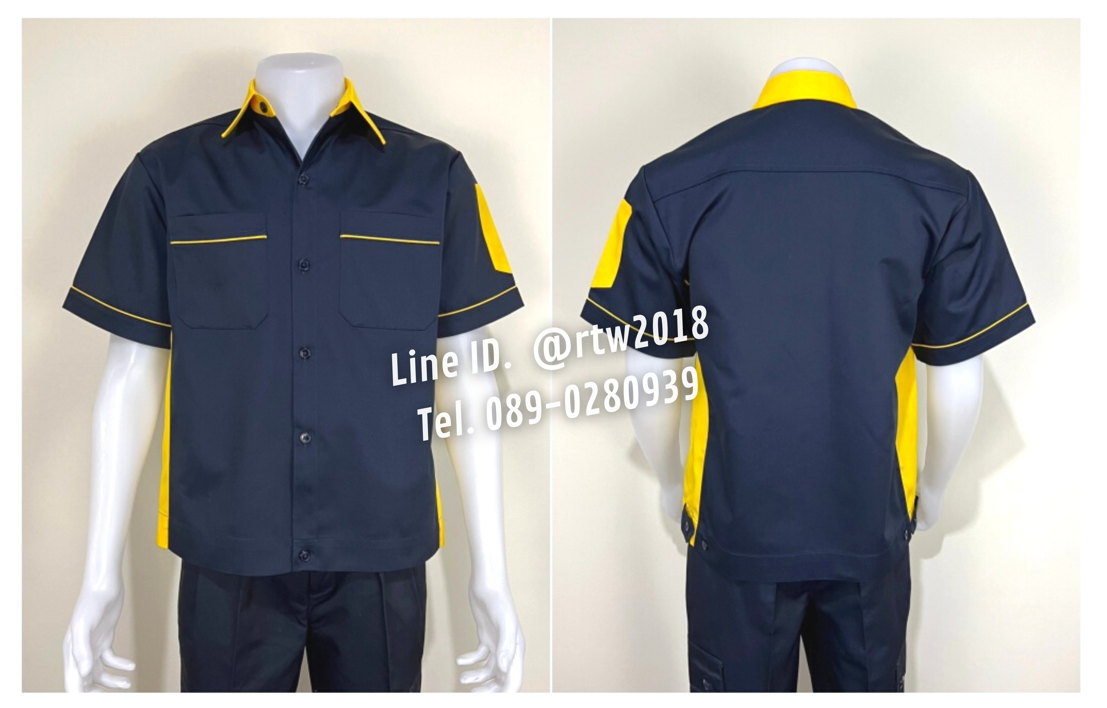 รหัส A12.8 : เสื้อช่างแขนสั้นผ้าคอมทวิวสีกรมท่าข้างเหลือง