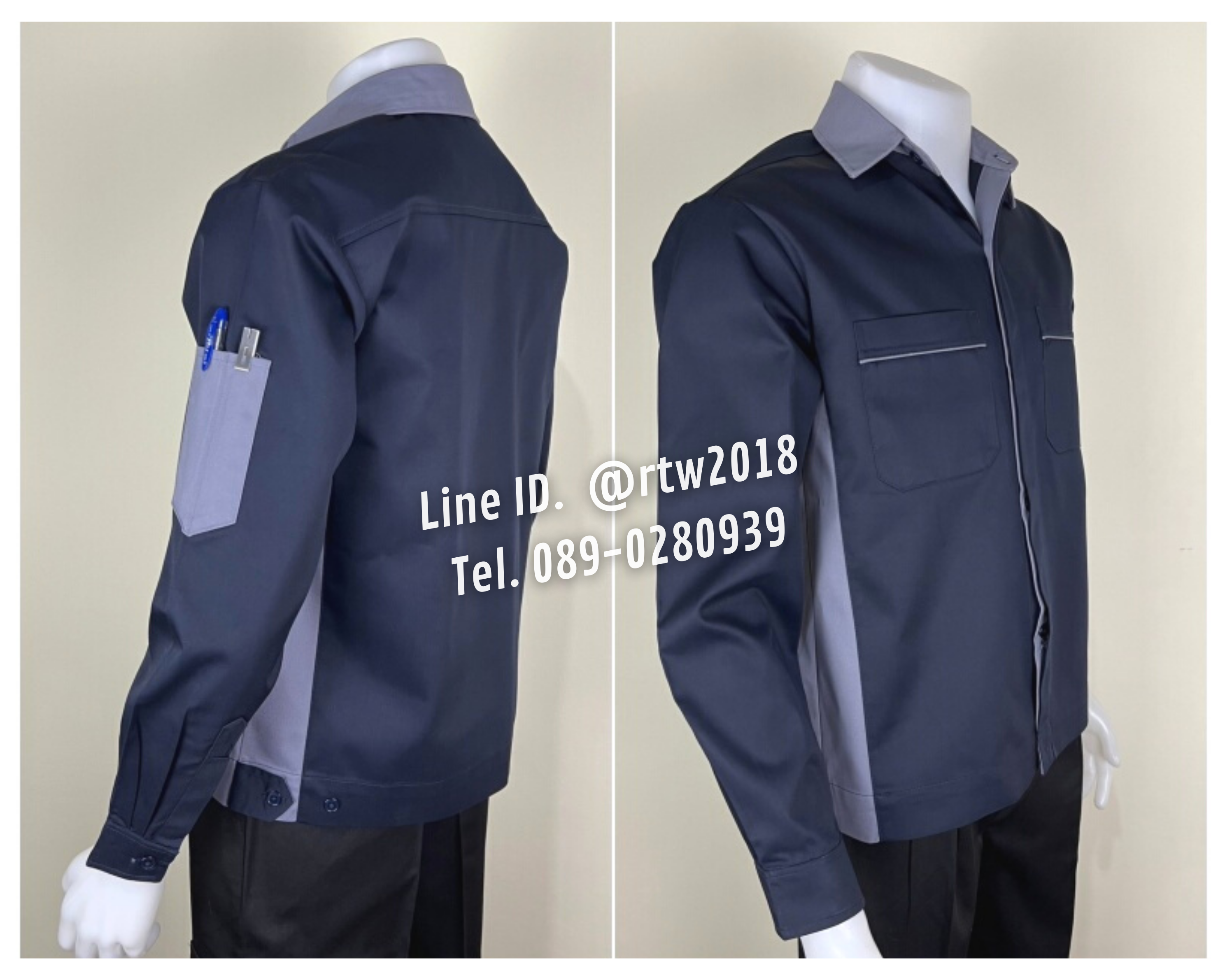 รหัส AB10.1 : เสื้อช่างแขนยาวผ้าคอมทวิวสีกรมท่าข้างเทา (ซ่อนสาบ)