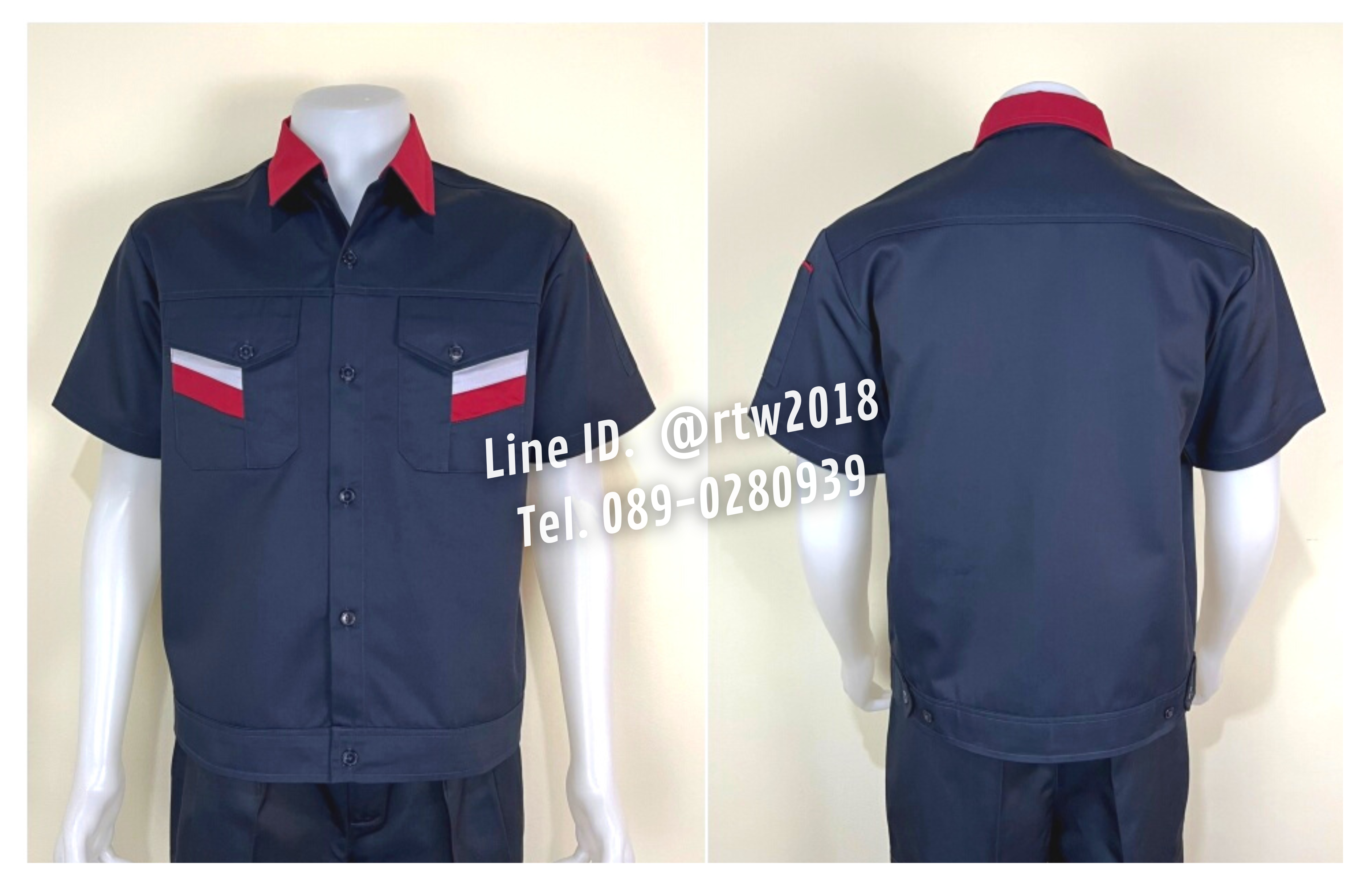 รหัส A17.1 : เสื้อช่างแขนสั้นผ้าคอมทวิวพิเศษ 3 สีกรมแต่งเลือดหมู (เอวจั๊ม)