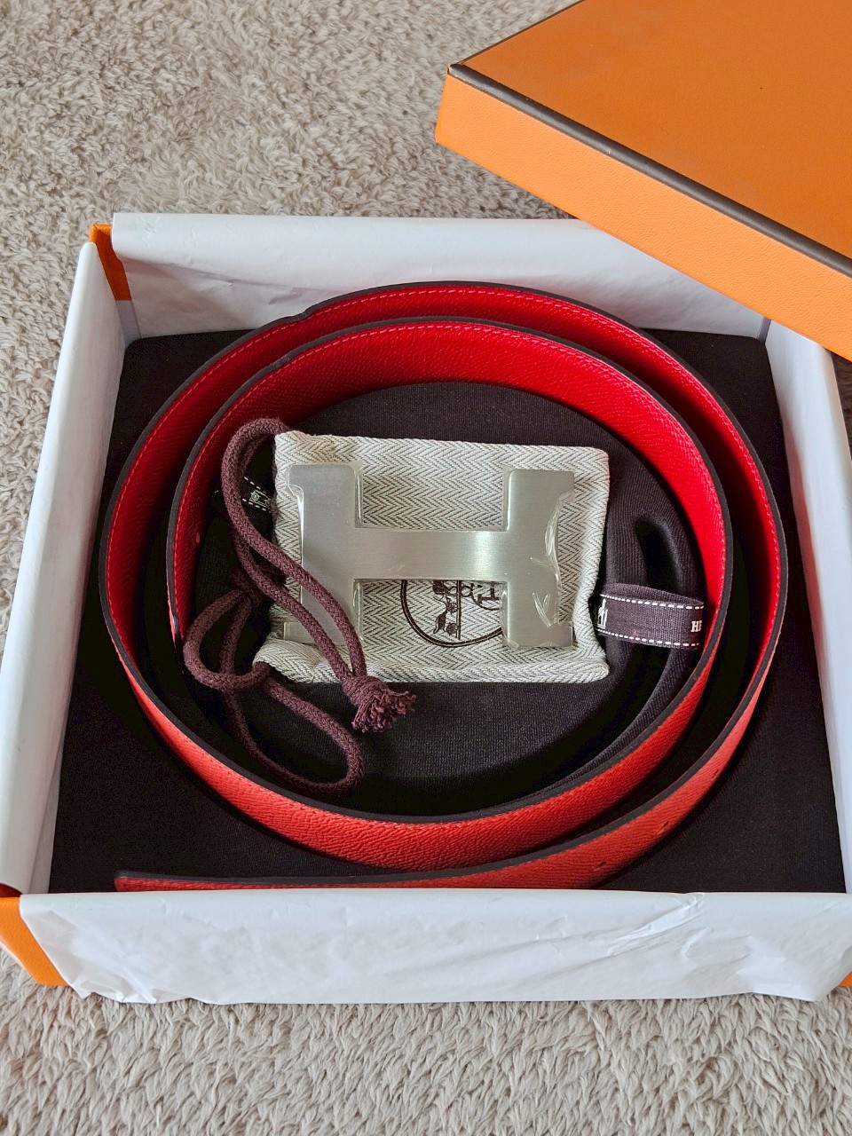 Hermes belt 42mm size85 เอว33-34.5 สายสีแดง/โอรส