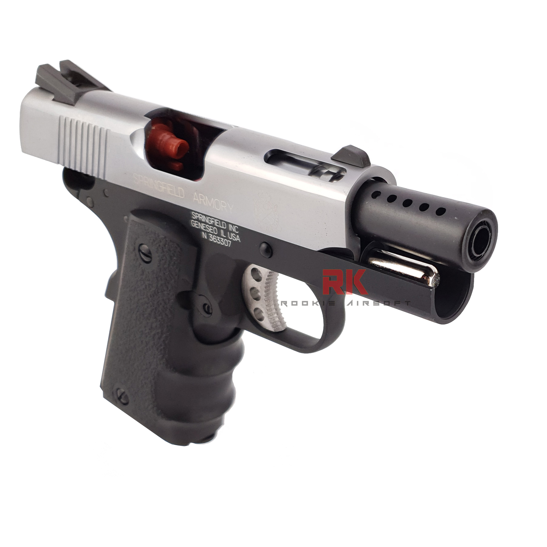 AW NE1003 M1911 Springfield V10 Ultra Compact .45ACP GBB - Silver Slide. Black Frame