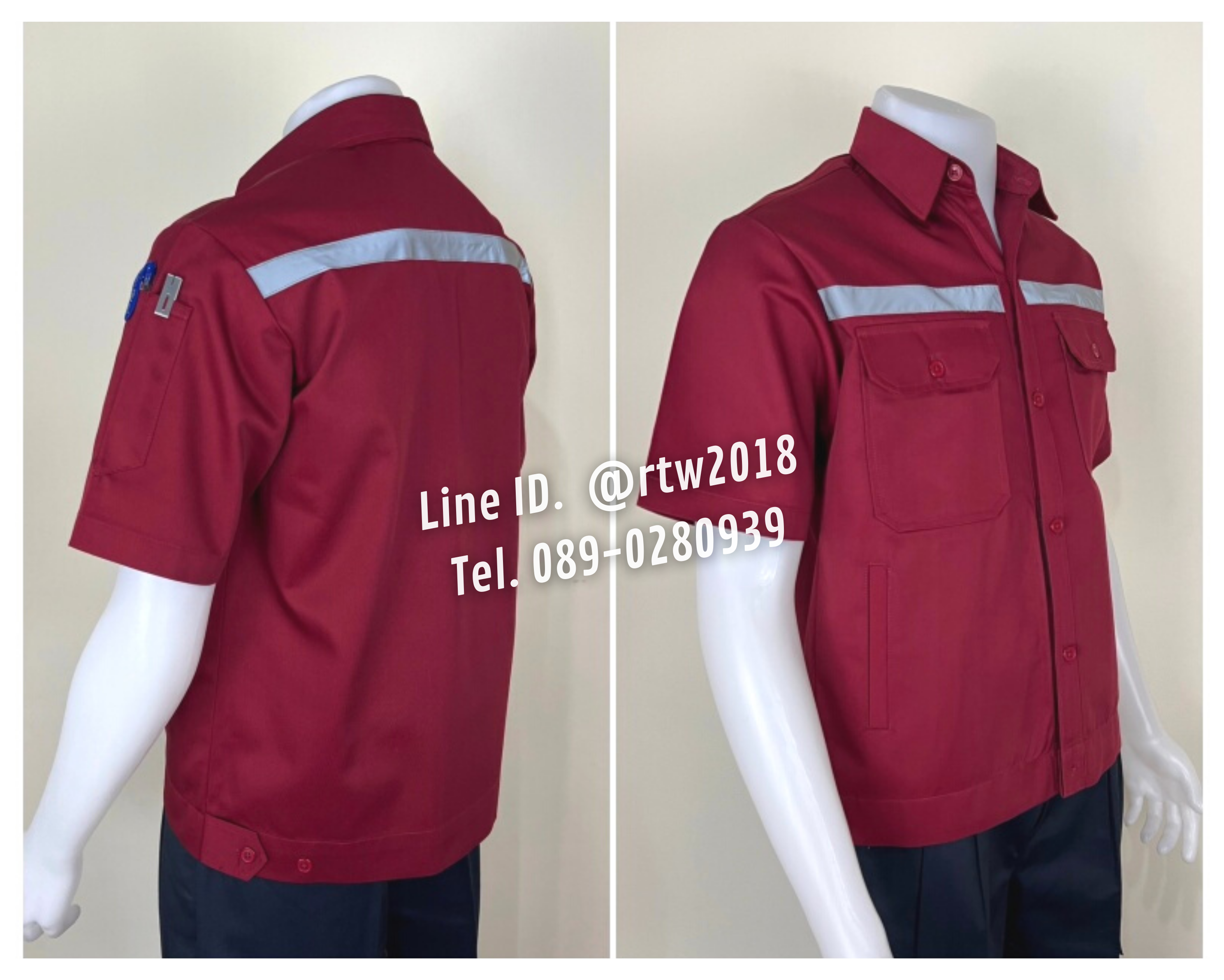 รหัส A4.5 : เสื้อช่างแขนสั้นผ้าคอมทวิวสี่กระเป๋าสีเลือดหมูล้วน (ติดสะท้อนแสง)