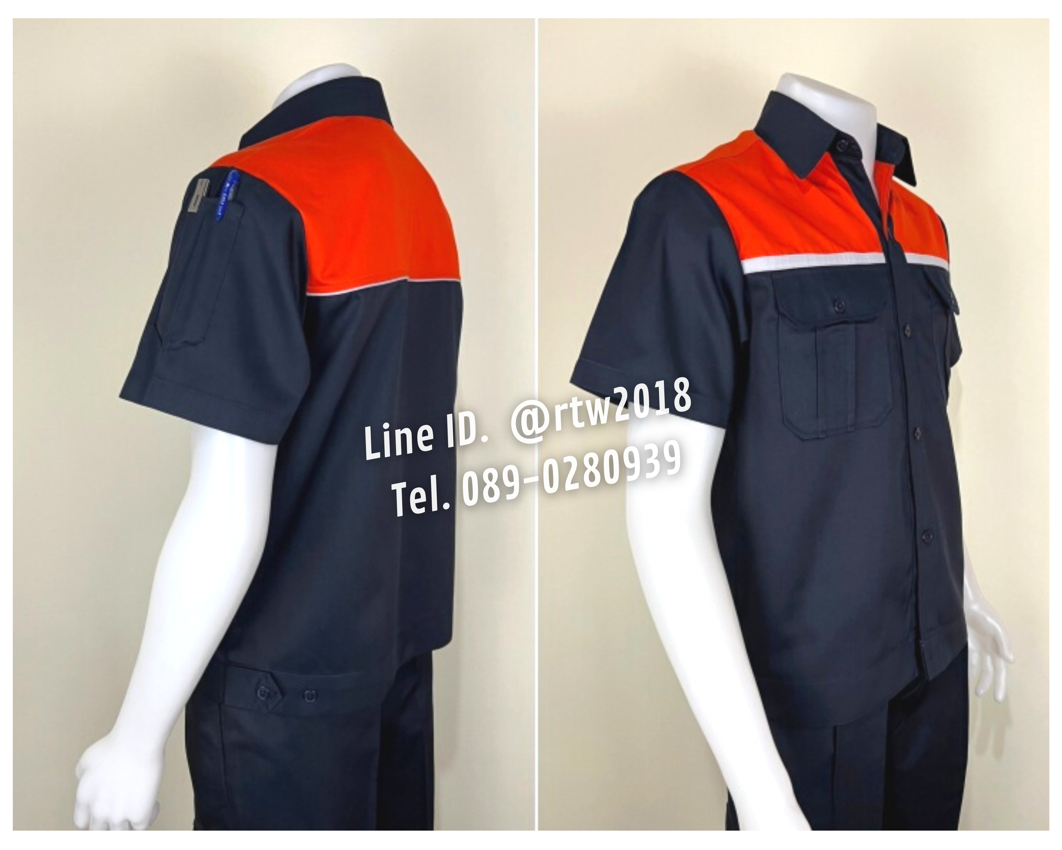 รหัส A20.2 : เสื้อช่างแขนสั้นผ้าคอมทวิวสีกรมท่าอกส้มแต่งเทา