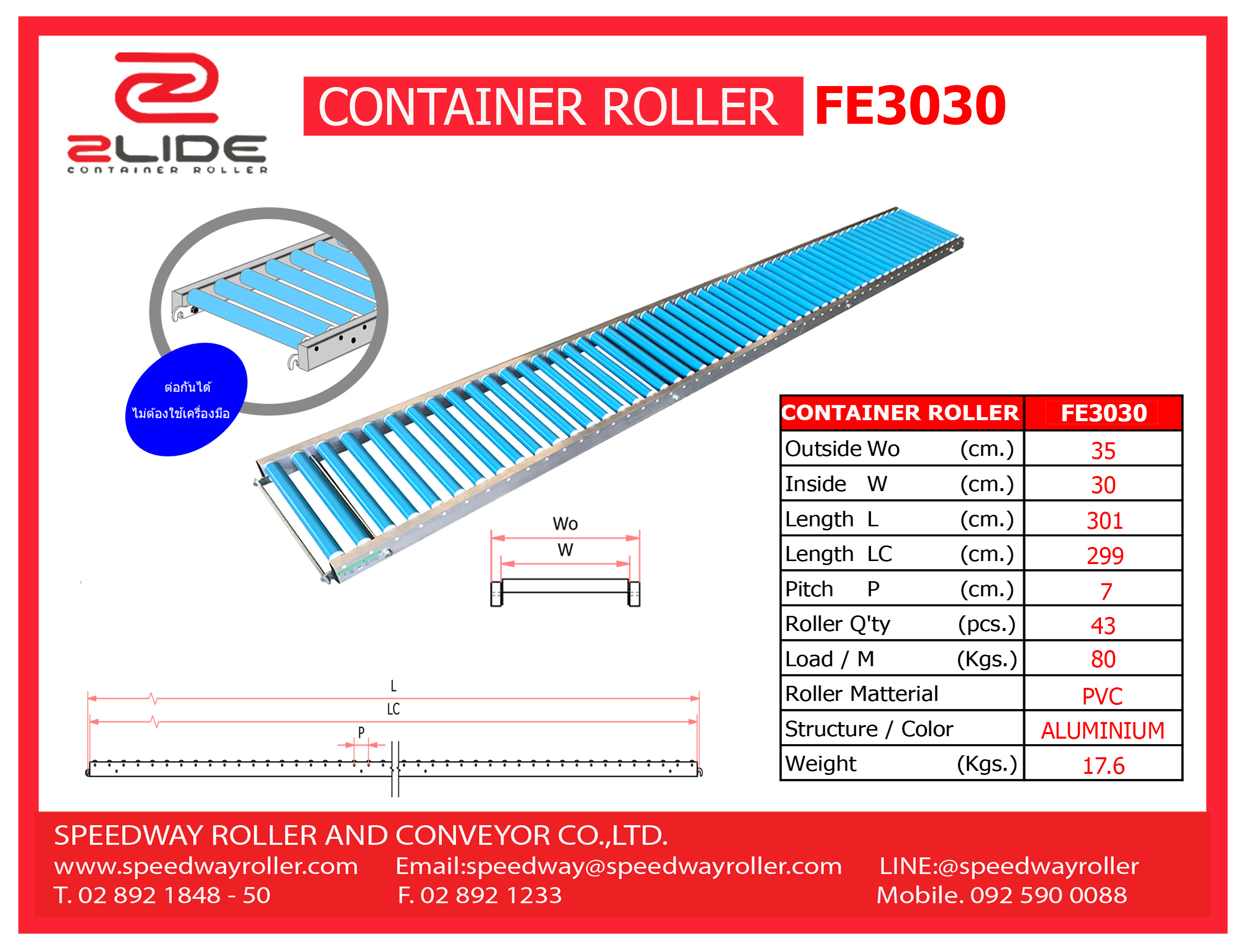 Zlide Container Roller รางลูกกลิ้ง อลูมิเนียม FE3030 W30 x L300 ( กว้าง 30 ซม , ยาว 3 ม. )