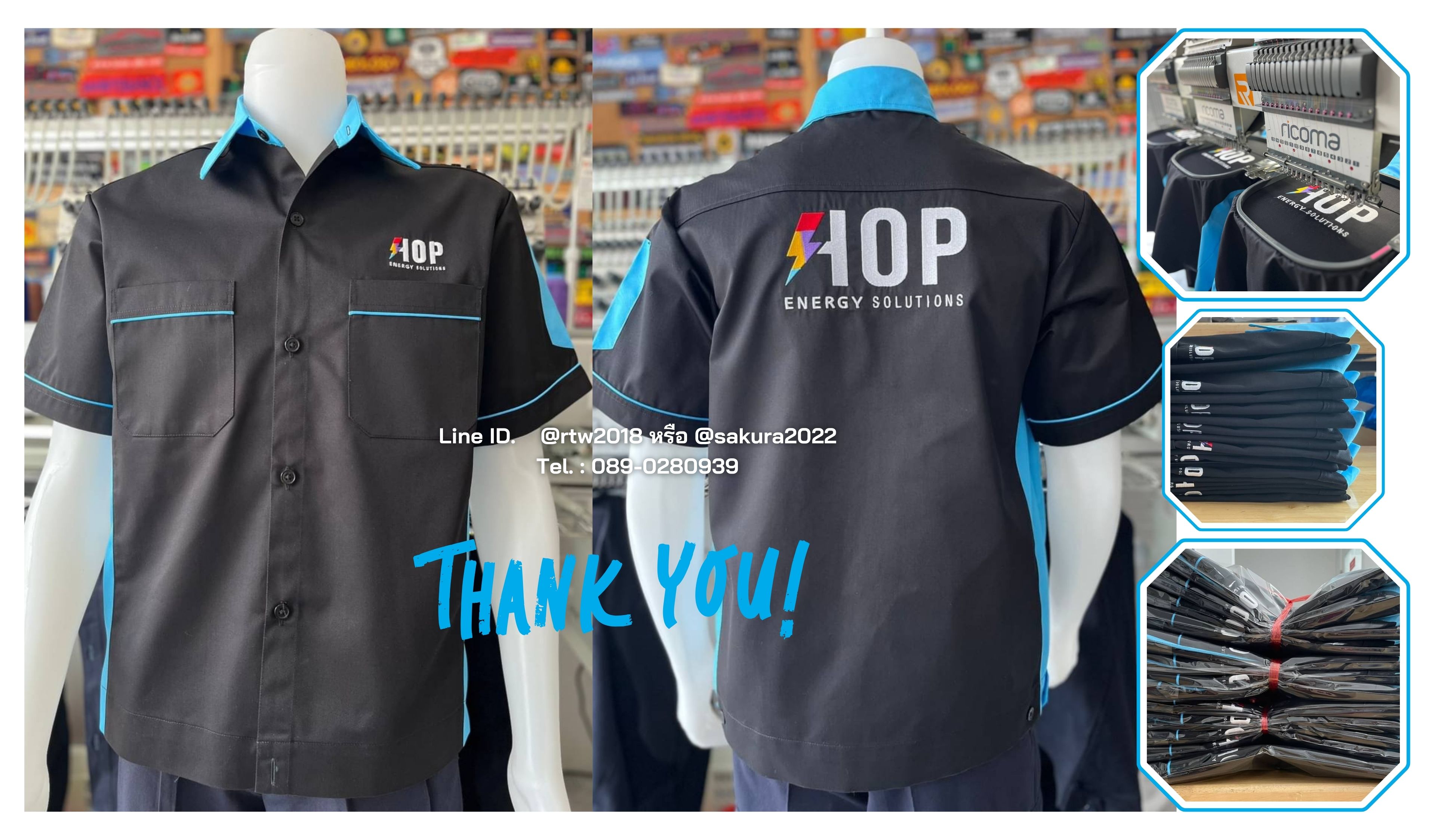 รหัส A13.2 : เสื้อช่างแขนสั้นผ้าคอมทวิวสีดำข้างฟ้าอ่อน