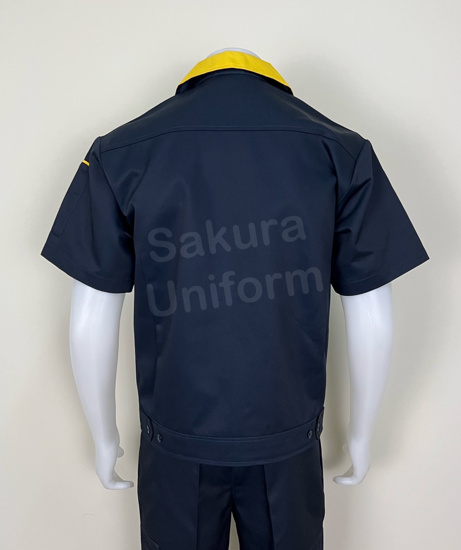 รหัส A118 : เสื้อช่างแขนสั้นผ้าคอมทวิวแบบกรมแต่งเหลือง