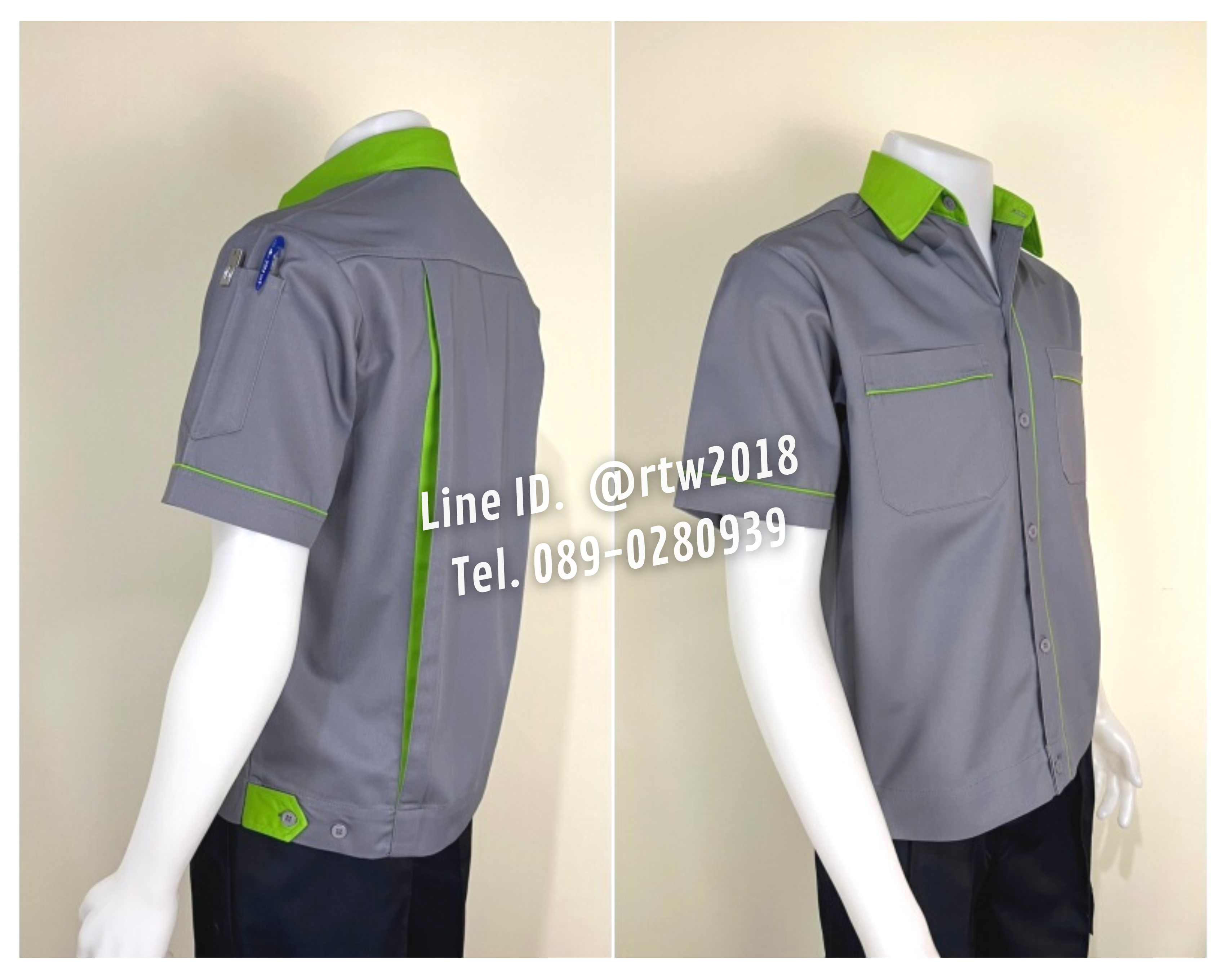 รหัส A5.7 : เสื้อช่างแขนสั้นผ้าคอมทวิวสีเทากุ้นเขียวอ่อน