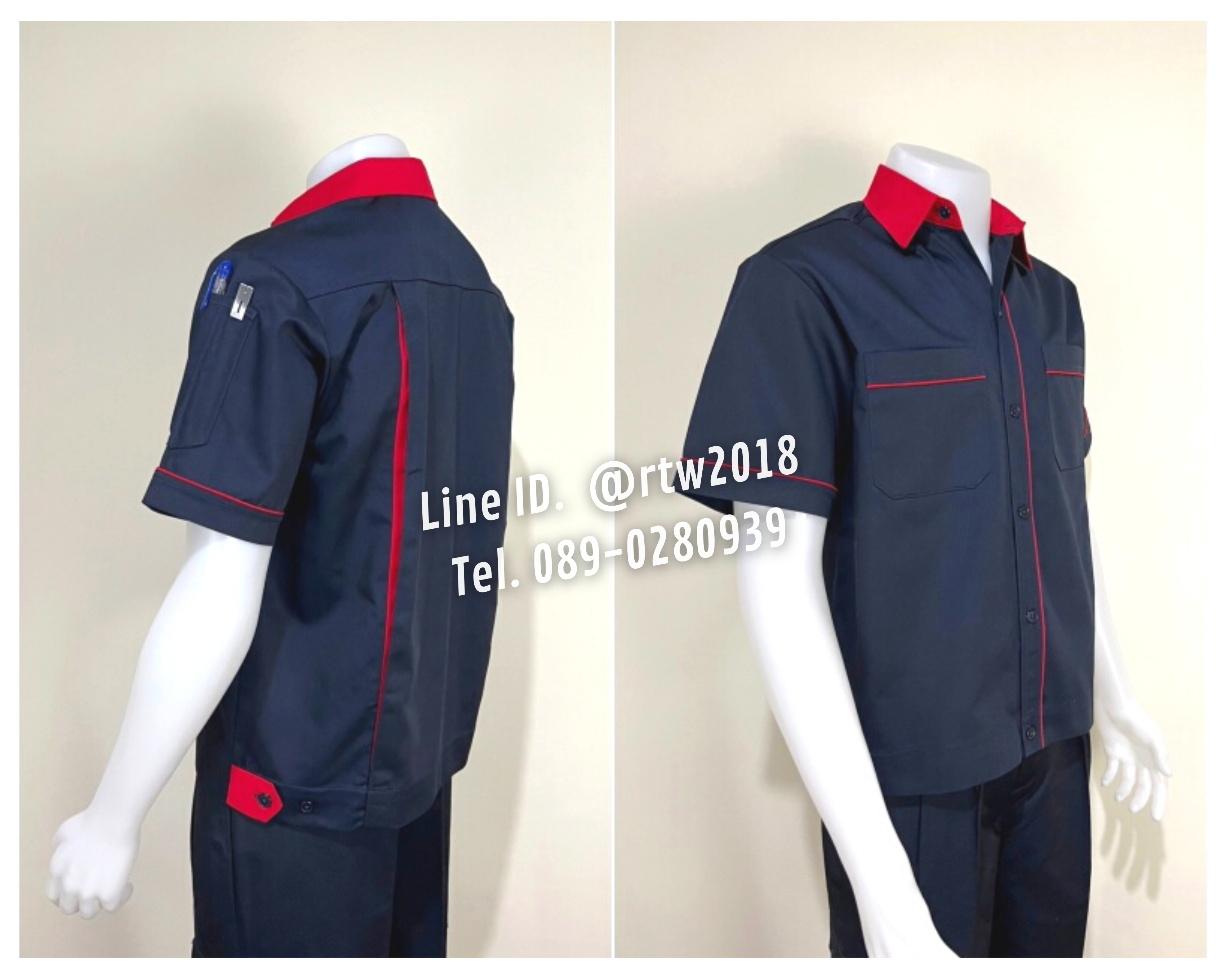 รหัส A6.9 : เสื้อช่างแขนสั้นผ้าคอมทวิวสีกรมท่ากุ้นแดง