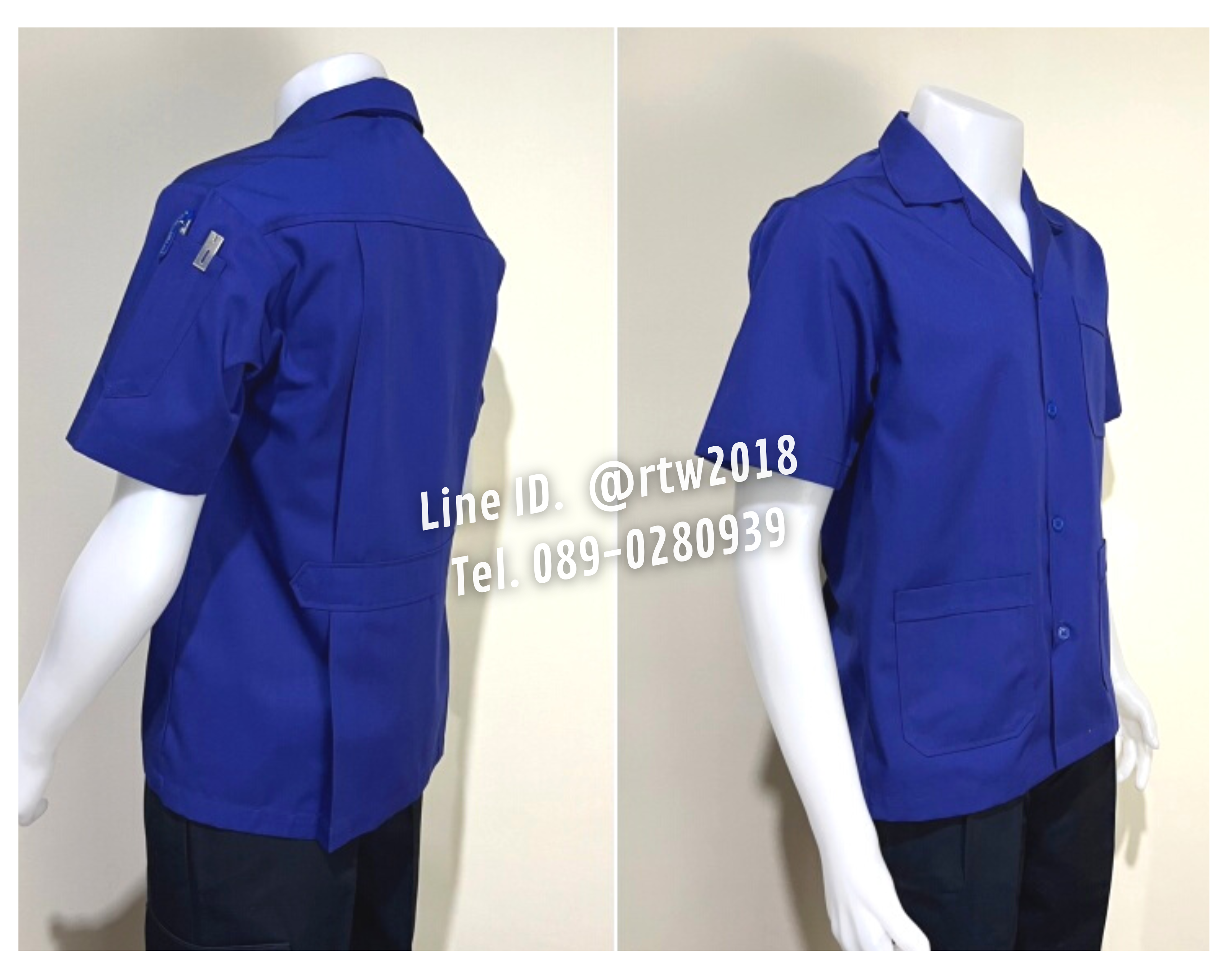 รหัส A1.2 : เสื้อช่างแขนสั้นผ้าคอมทวิวสามกระเป๋าสีน้ำเงินล้วน